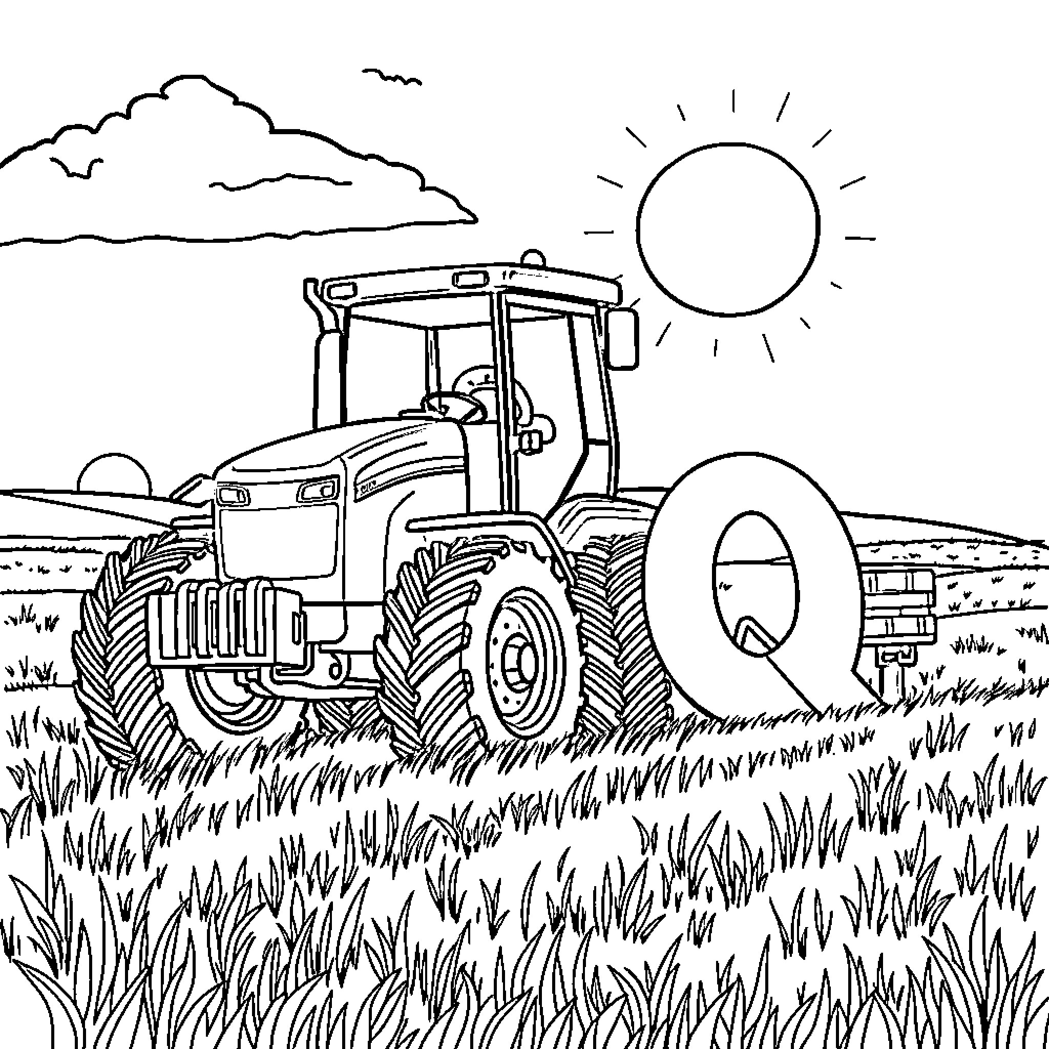 Tractor working in the sunny countryside landscape Coloring Page (free black-and-white line drawing printable PDF for all, from beginners to advanced learners, including children, teens, adults, and seniors)