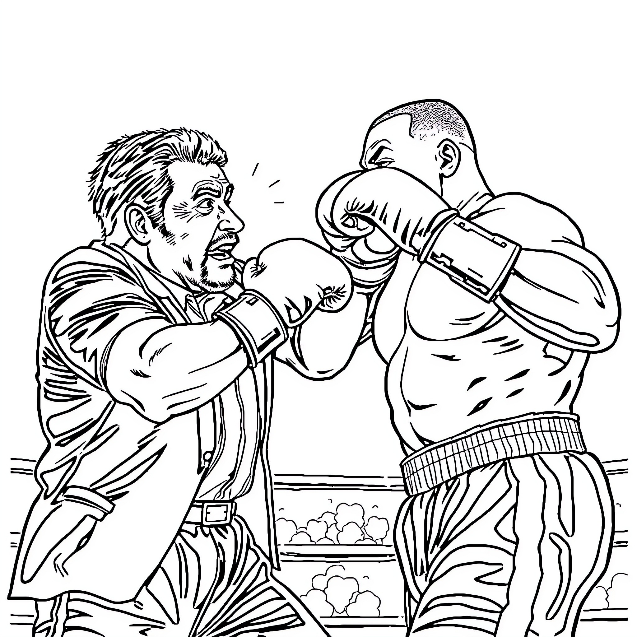 Danny DeVito in an intense boxing match Coloring Page (free black-and-white line drawing printable PDF for all, from beginners to advanced learners, including children, teens, adults, and seniors)