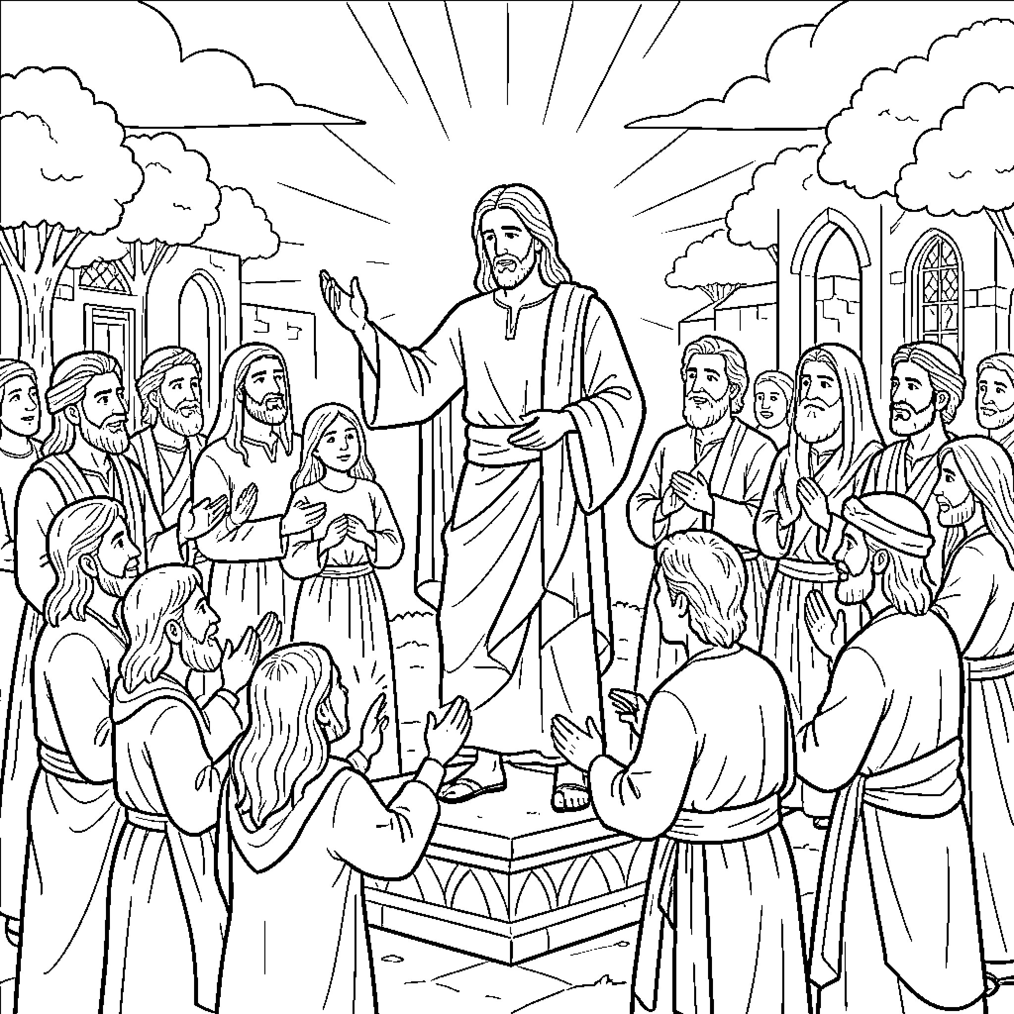 Jesus preaching to a crowd of followers Coloring Page (free black-and-white line drawing printable PDF for all, from beginners to advanced learners, including children, teens, adults, and seniors)