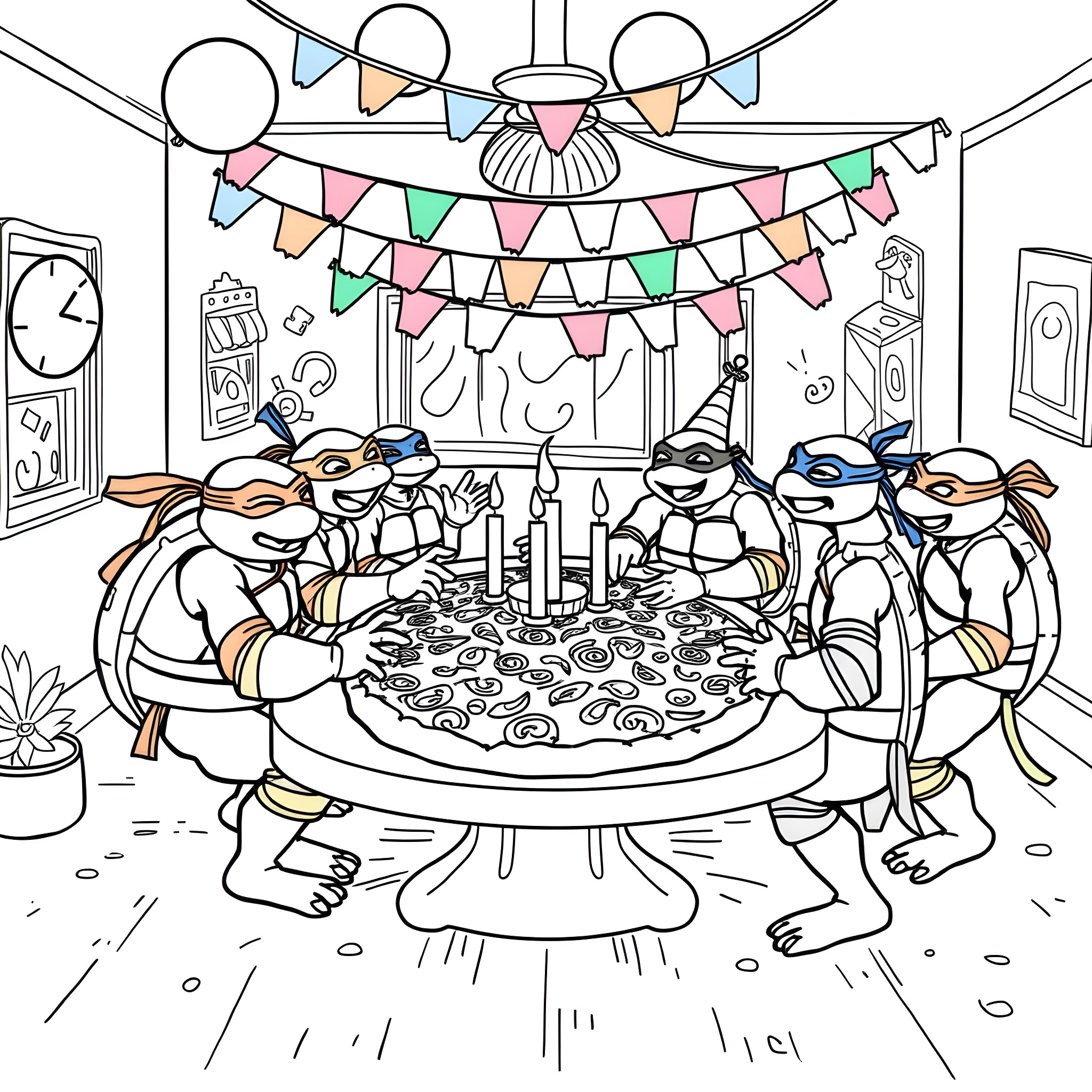 Ninja Turtles Celebrating with Party Decorations Coloring Page (free black-and-white line drawing printable PDF for all, from beginners to advanced learners, including children, teens, adults, and seniors)