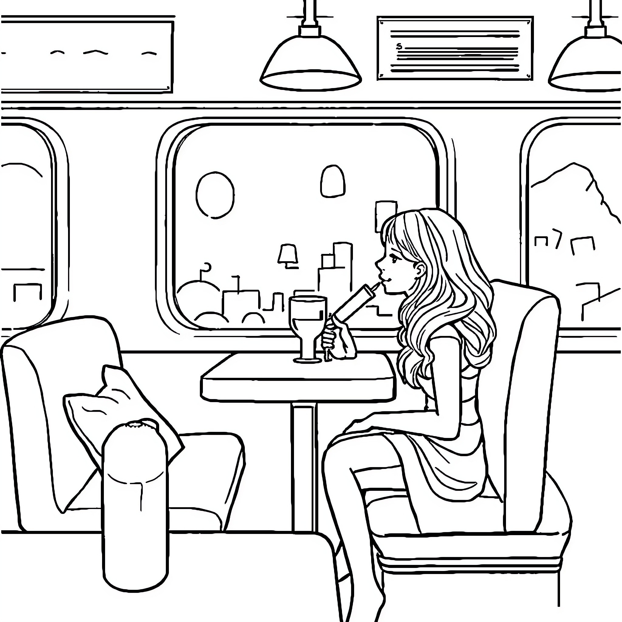 Bécassine having a peaceful moment in a cozy cafe Coloring Page (free black-and-white line drawing printable PDF for all, from beginners to advanced learners, including children, teens, adults, and seniors)