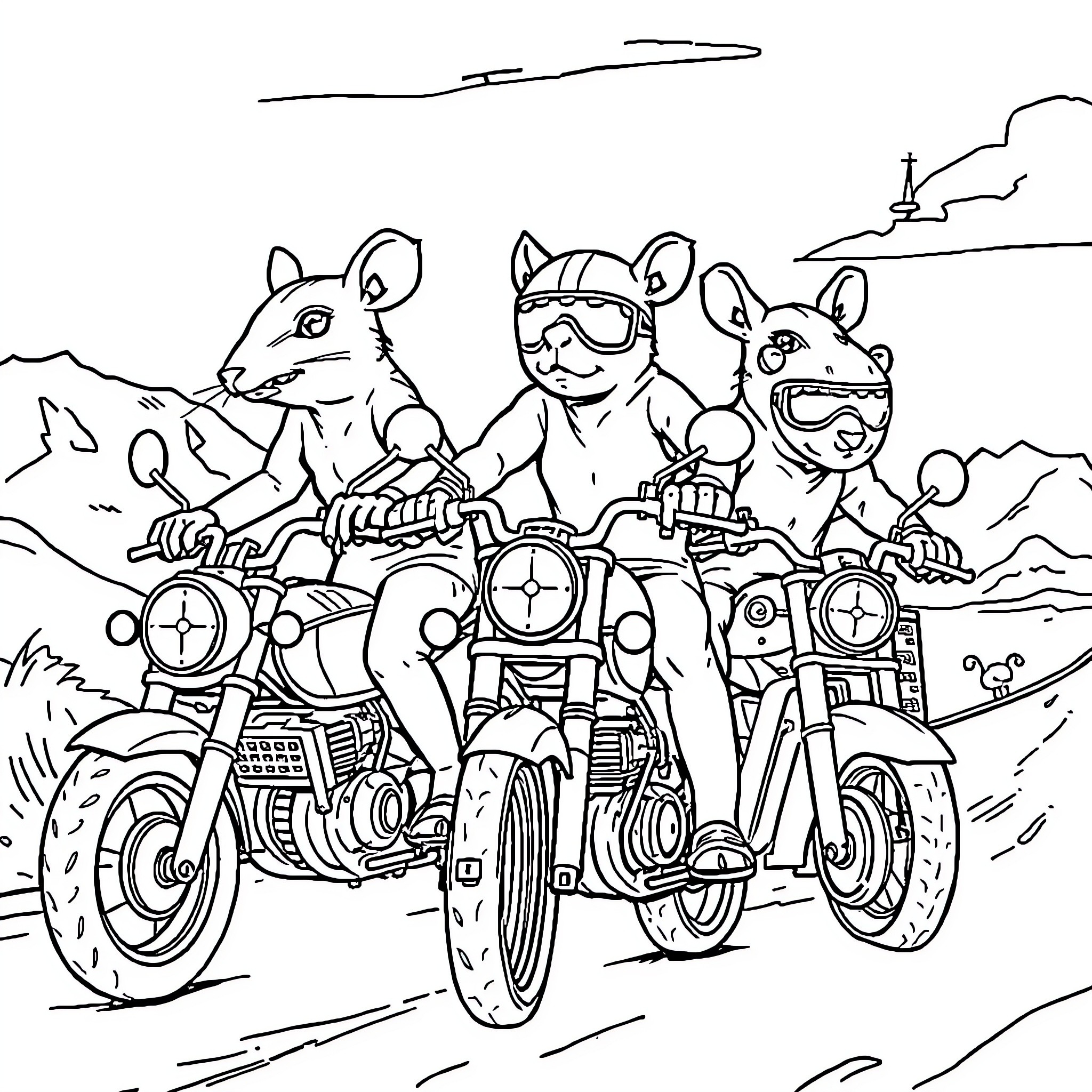 Motorcycle adventure with animal friends Coloring Page (free black-and-white line drawing printable PDF for all, from beginners to advanced learners, including children, teens, adults, and seniors)