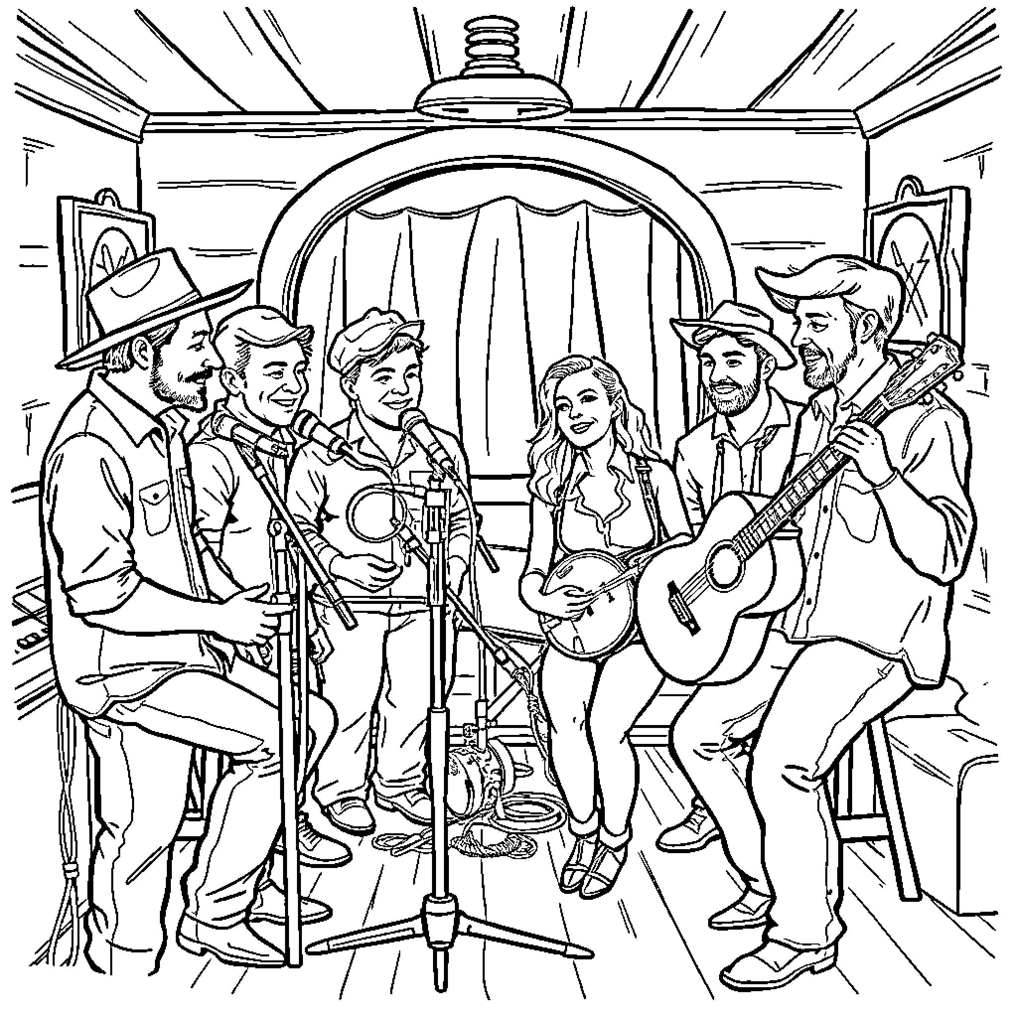 Band performing on stage in western style outfits Coloring Page (free black-and-white line drawing printable PDF for all, from beginners to advanced learners, including children, teens, adults, and seniors)