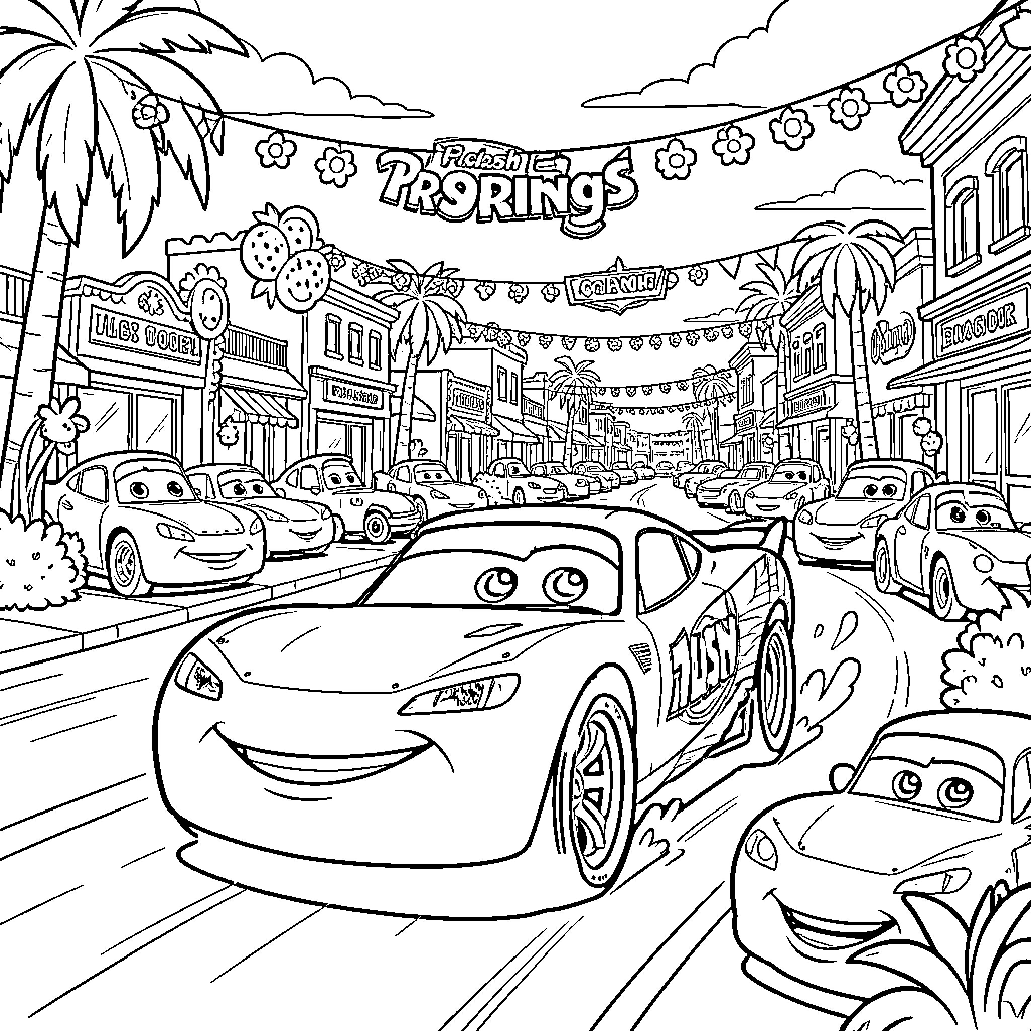 Lightning McQueen racing through a festive town Coloring Page (free black-and-white line drawing printable PDF for all, from beginners to advanced learners, including children, teens, adults, and seniors)