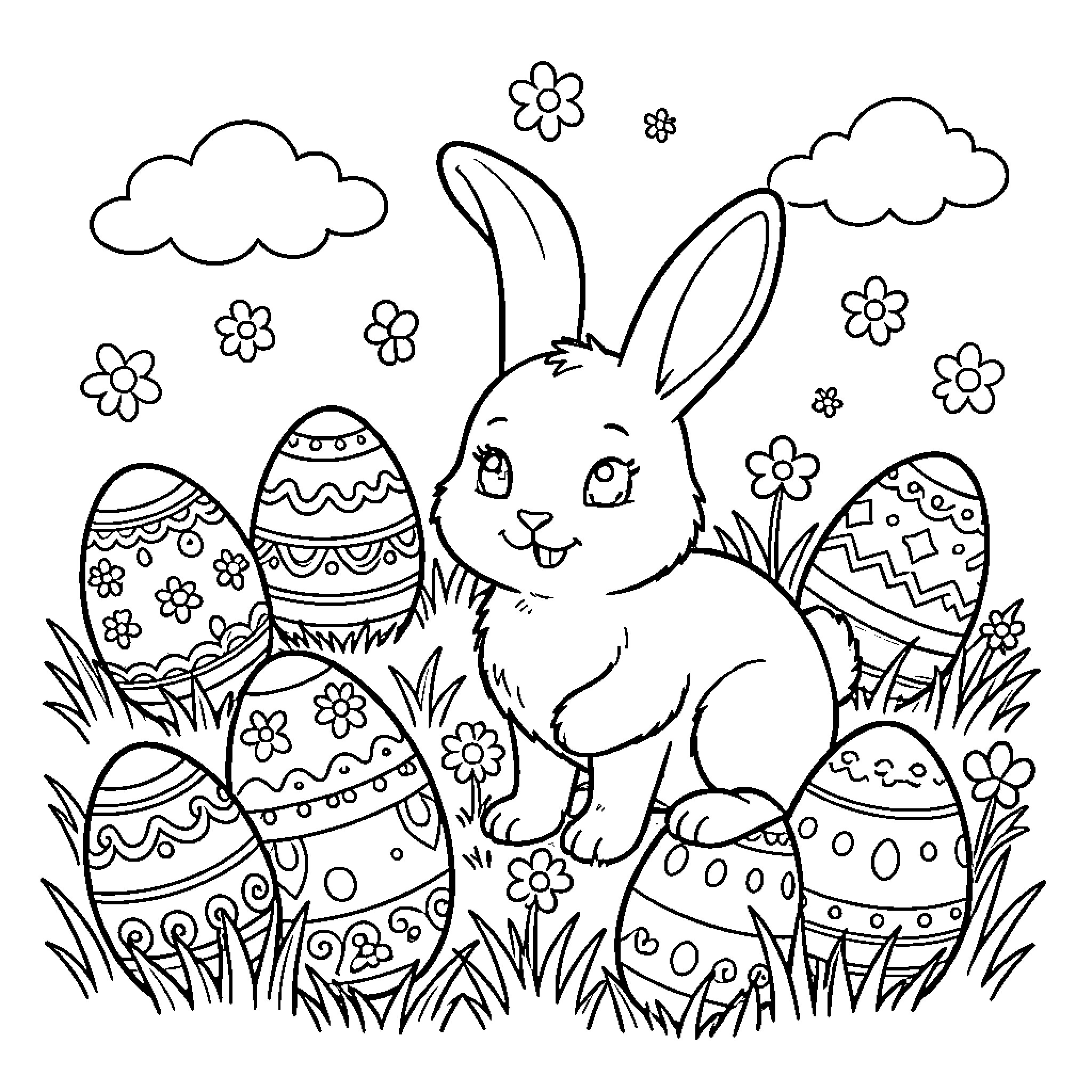 Easter Bunny's Playful Scene with Decorated Eggs Coloring Page (free black-and-white line drawing printable PDF for all, from beginners to advanced learners, including children, teens, adults, and seniors)