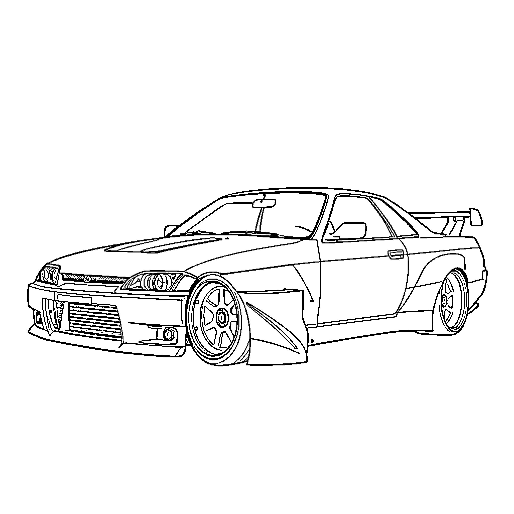Nissan Skyline tuned for racing action Coloring Page (free black-and-white line drawing printable PDF for all, from beginners to advanced learners, including children, teens, adults, and seniors)