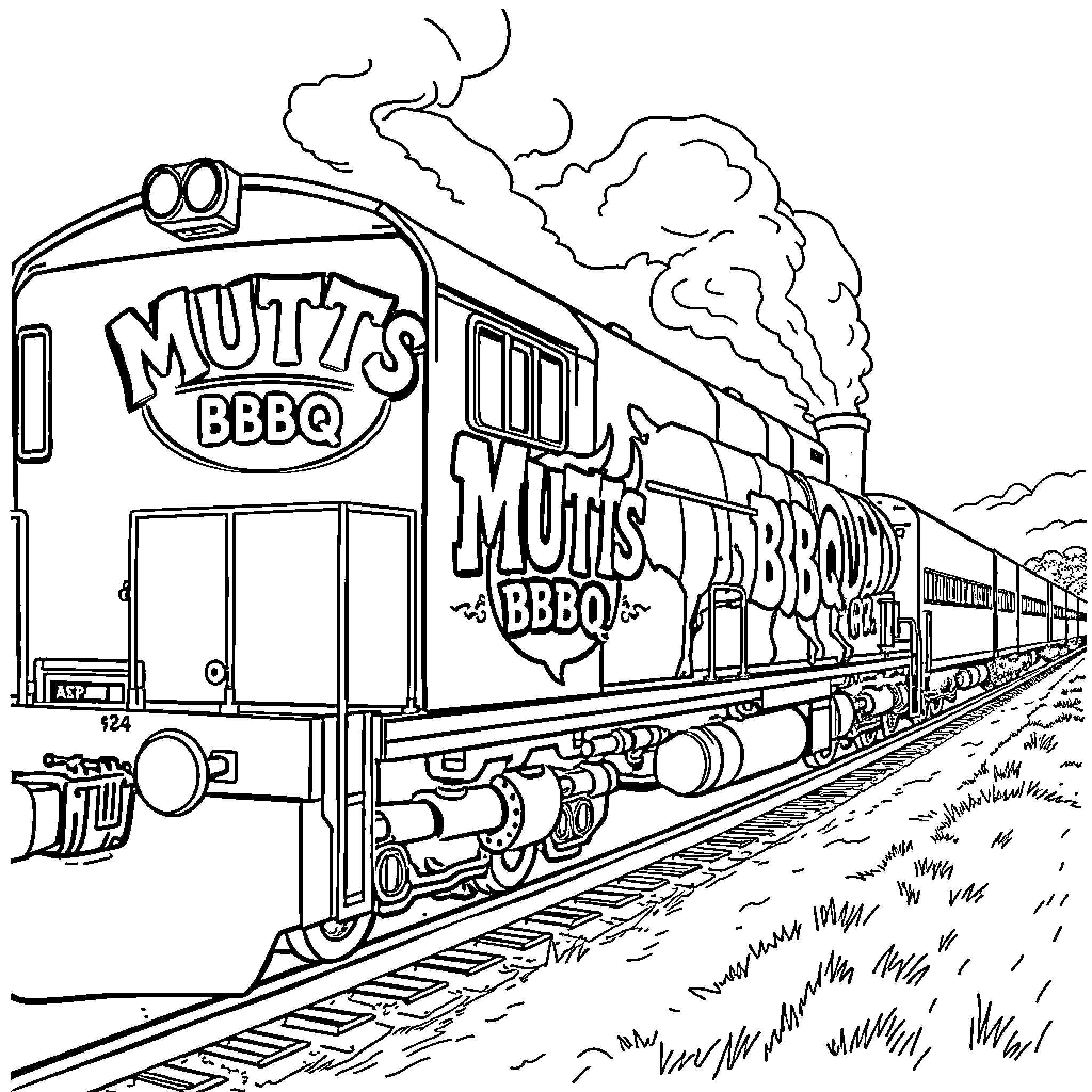 Train carrying Muty's BBQ advertisement Coloring Page (free black-and-white line drawing printable PDF for all, from beginners to advanced learners, including children, teens, adults, and seniors)