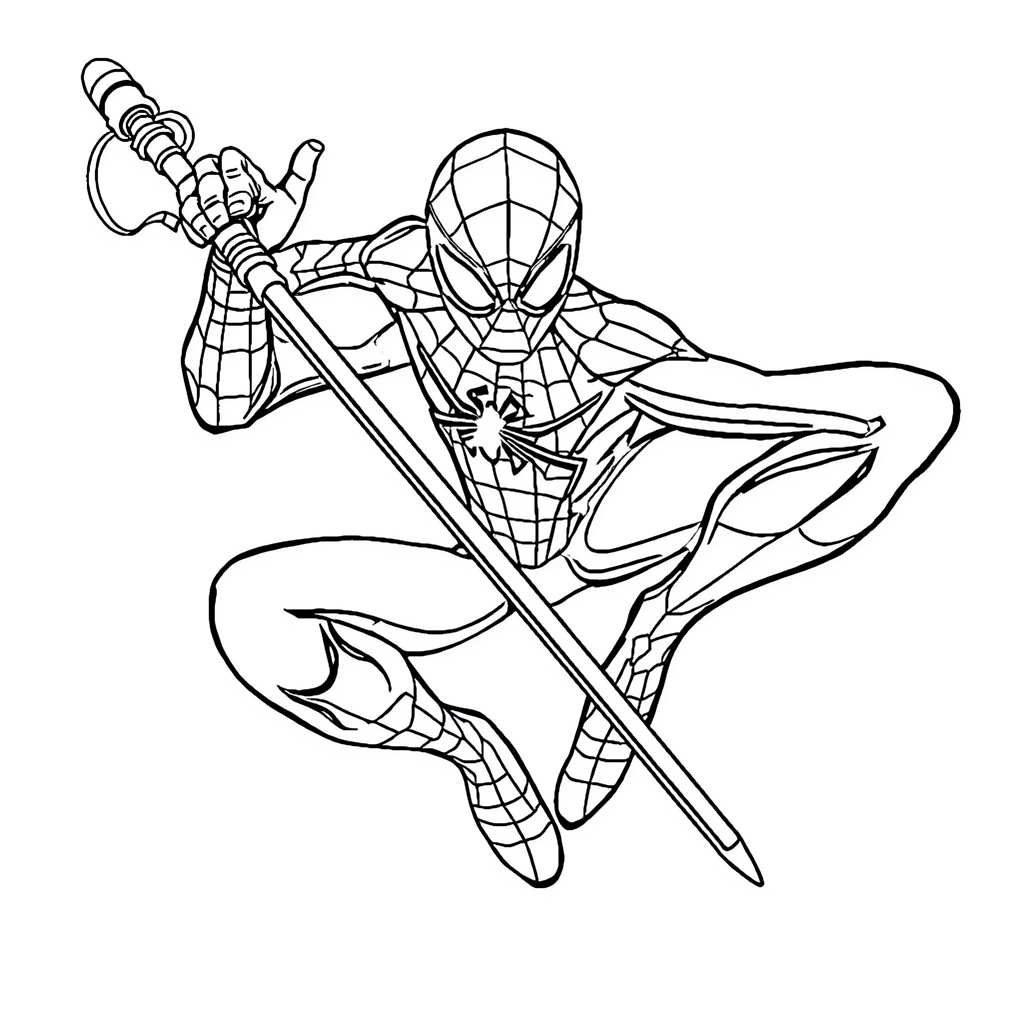 Spiderman in action pose with webslinger Coloring Page (free black-and-white line drawing printable PDF for all, from beginners to advanced learners, including children, teens, adults, and seniors)