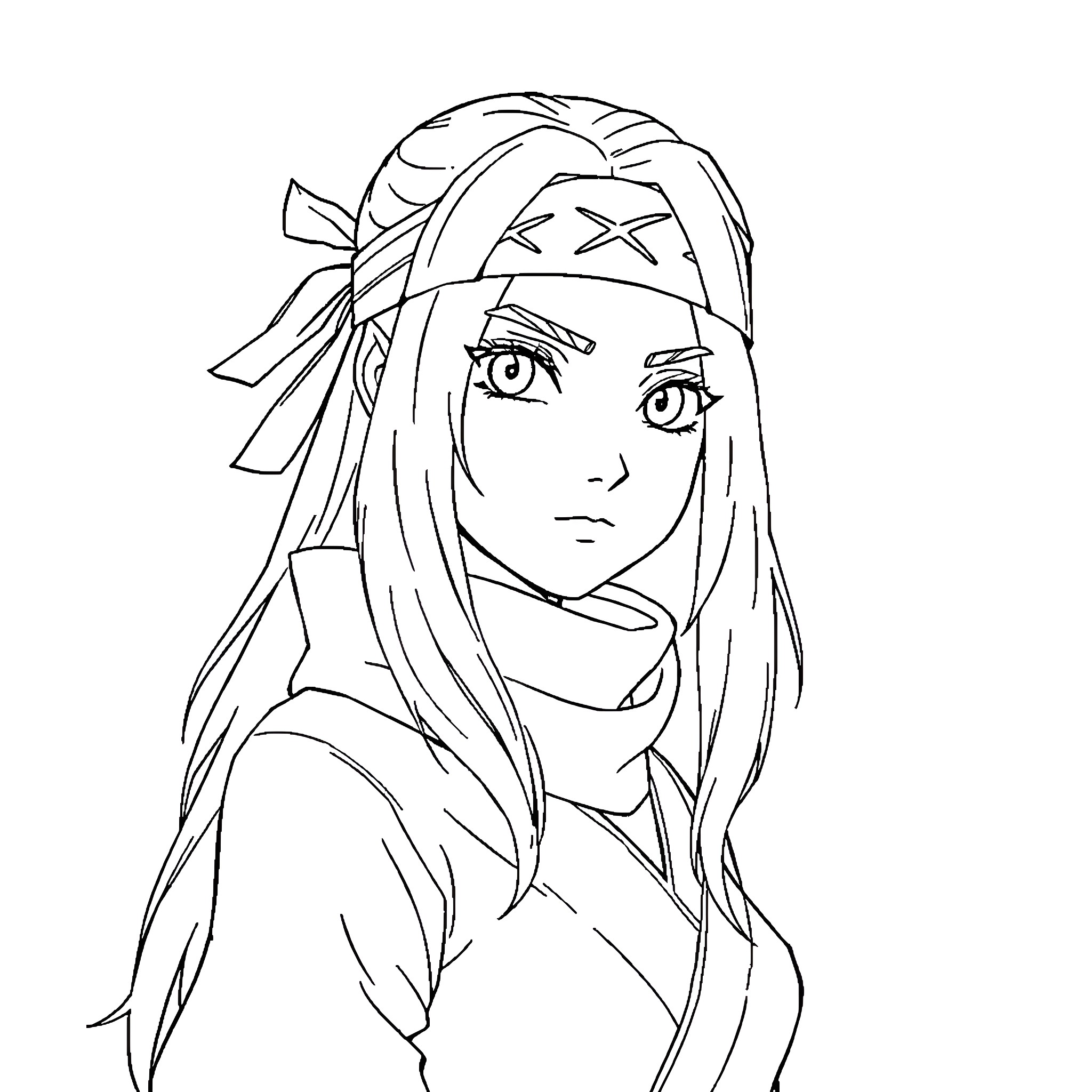 Tsunade with determined expression and bandaged head Coloring Page (free black-and-white line drawing printable PDF for all, from beginners to advanced learners, including children, teens, adults, and seniors)