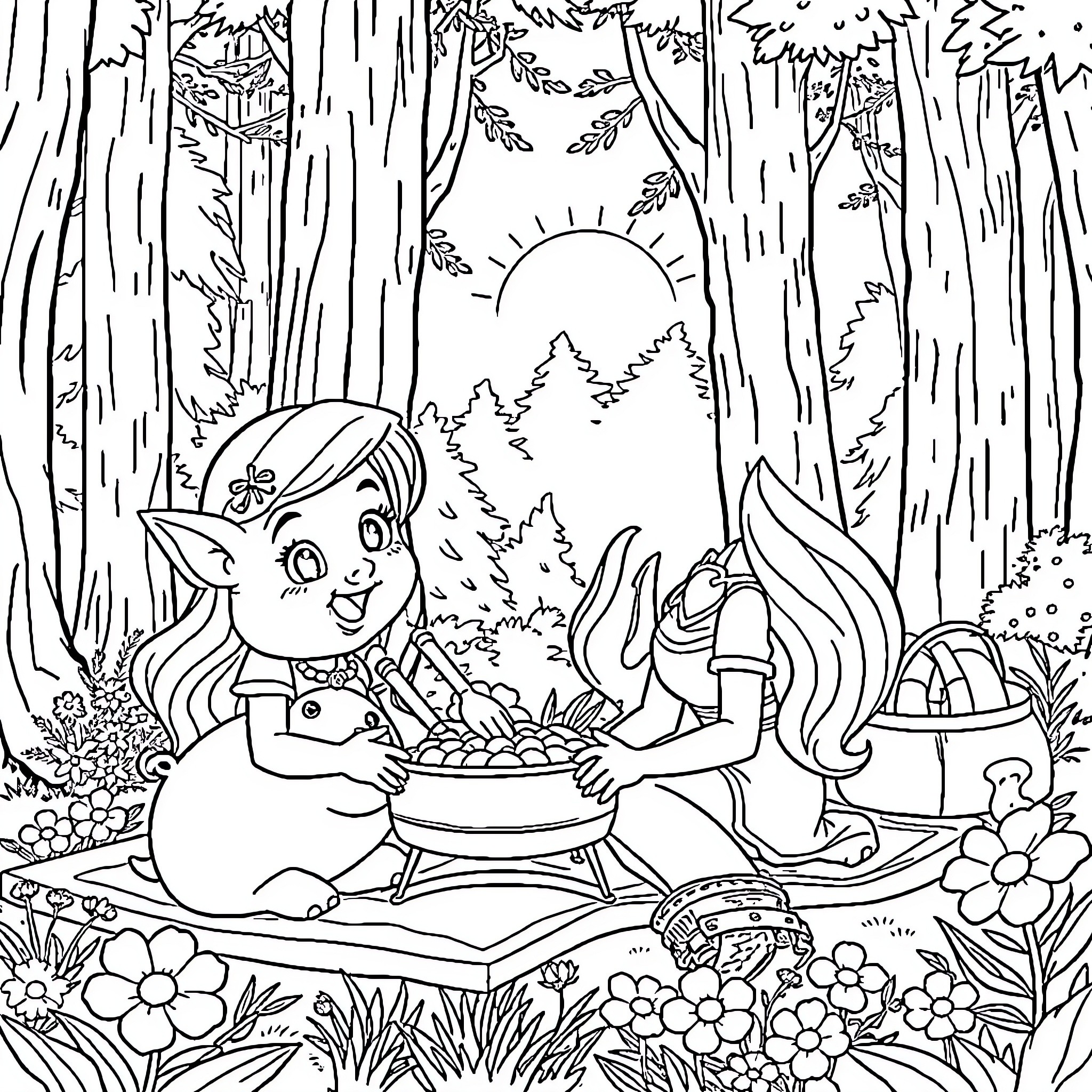 Eilonwy enjoying a picnic in the enchanted forest Coloring Page (free black-and-white line drawing printable PDF for all, from beginners to advanced learners, including children, teens, adults, and seniors)