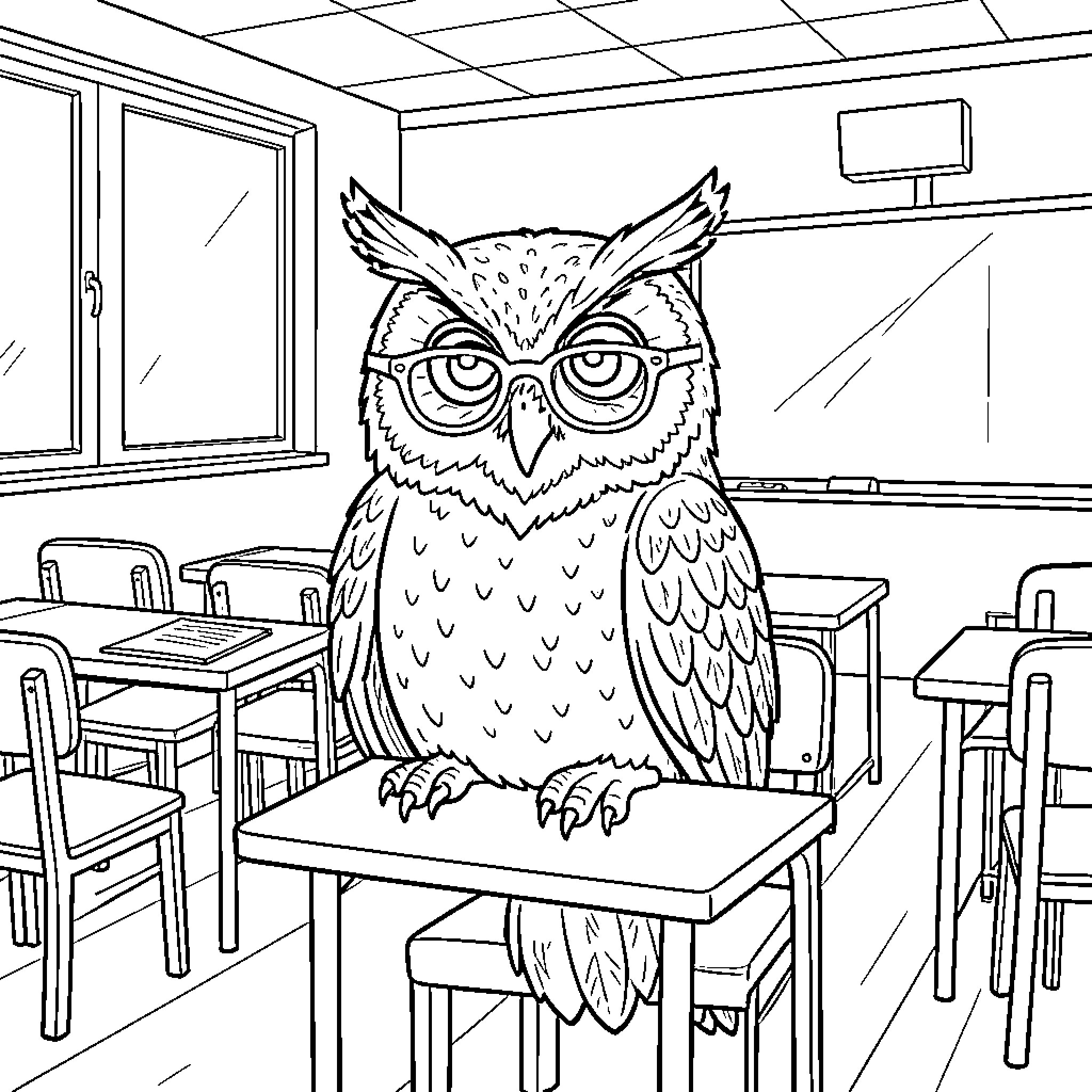 Eule sitting on a desk in a classroom Coloring Page (free black-and-white line drawing printable PDF for all, from beginners to advanced learners, including children, teens, adults, and seniors)