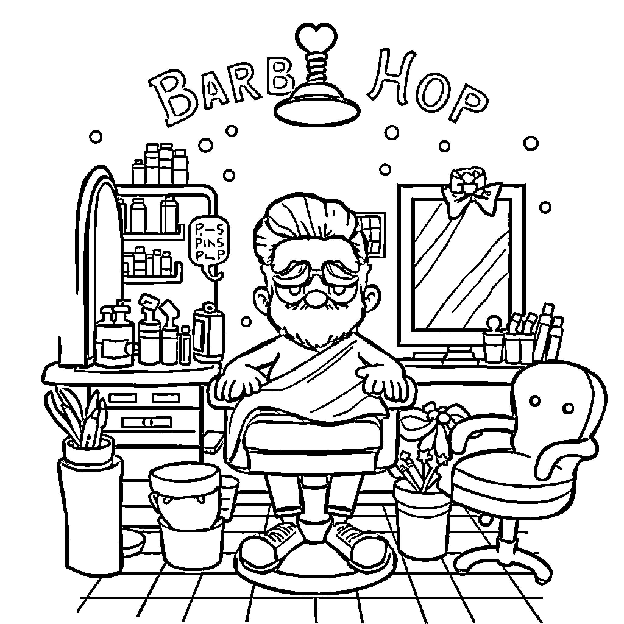 Barber Shop with Friendly Barber at Work Coloring Page (free black-and-white line drawing printable PDF for all, from beginners to advanced learners, including children, teens, adults, and seniors)