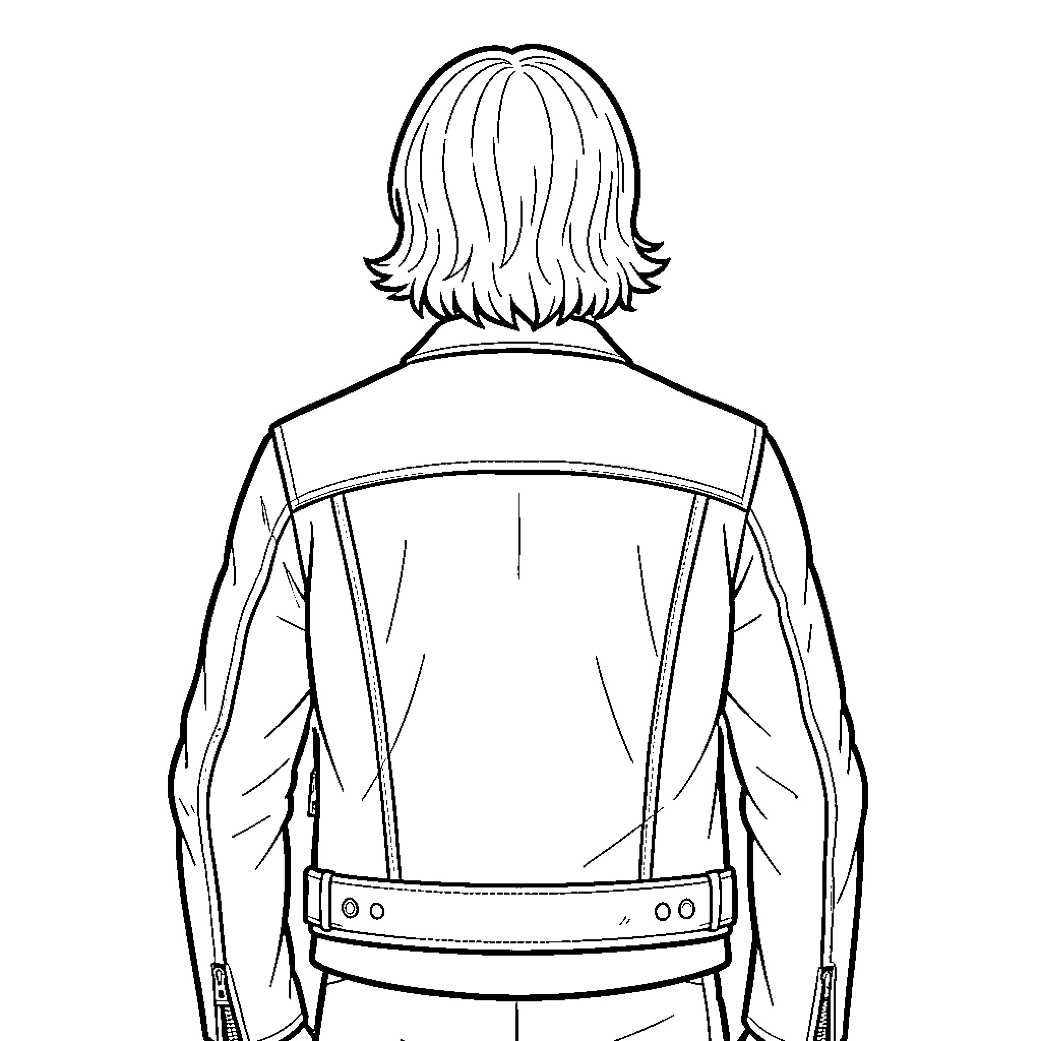 Biker wearing a leather jacket from behind Coloring Page (free black-and-white line drawing printable PDF for all, from beginners to advanced learners, including children, teens, adults, and seniors)
