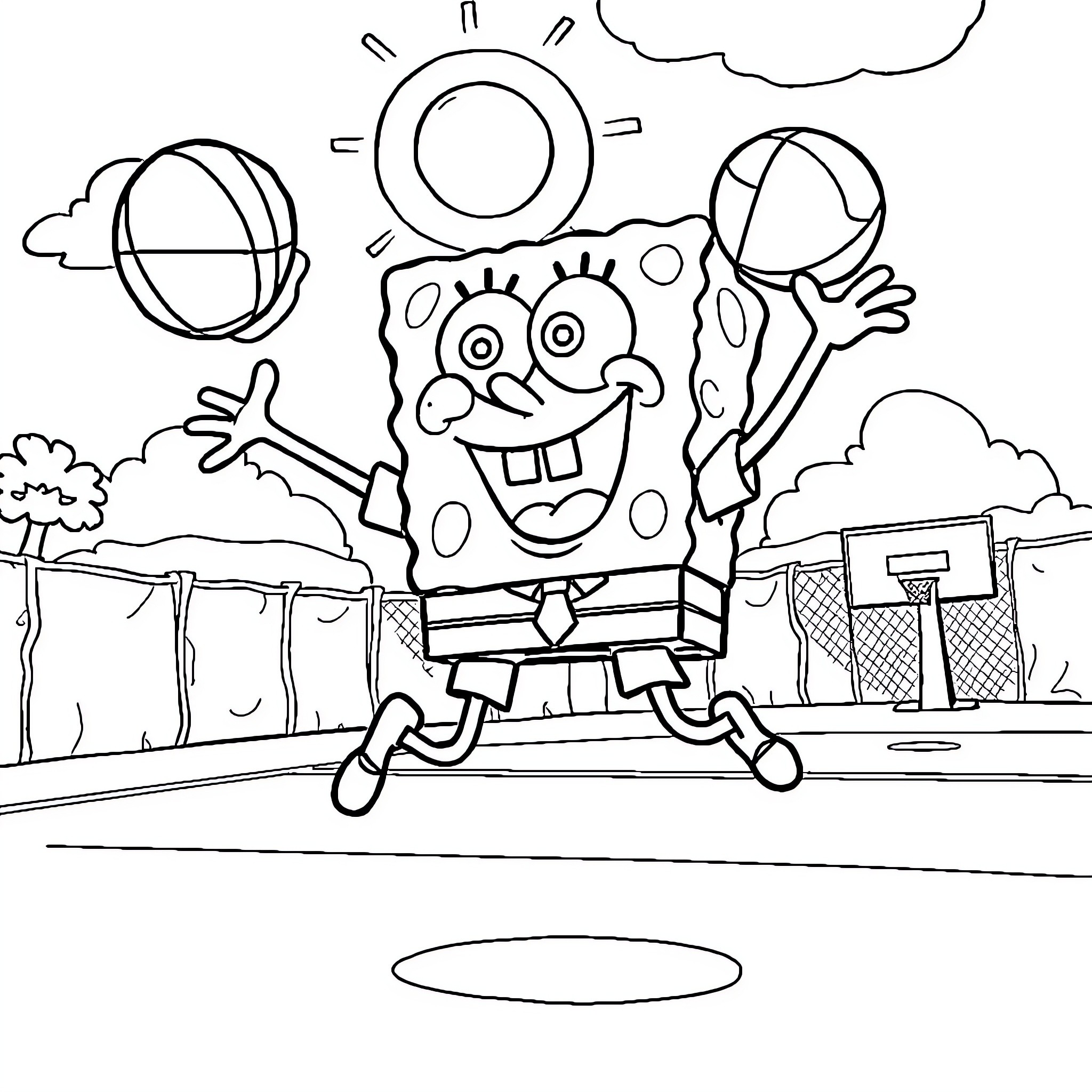 Spongebob jumping joyfully in the sunny outdoors Coloring Page (free black-and-white line drawing printable PDF for all, from beginners to advanced learners, including children, teens, adults, and seniors)