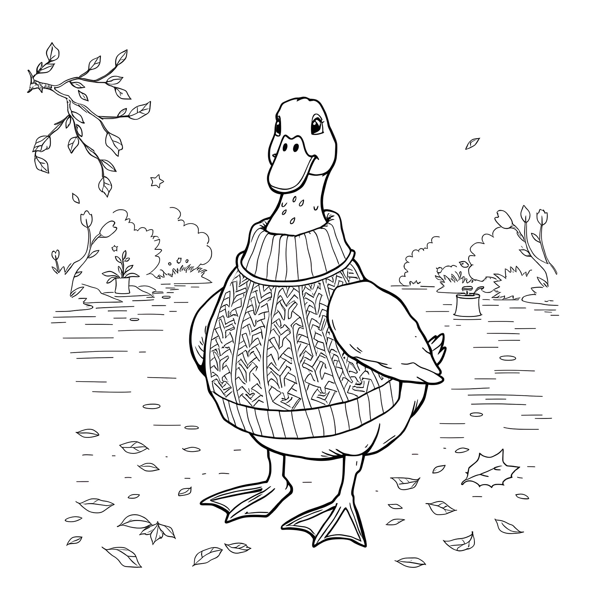 Duck taking a stroll in the autumn leaves Coloring Page (free black-and-white line drawing printable PDF for all, from beginners to advanced learners, including children, teens, adults, and seniors)