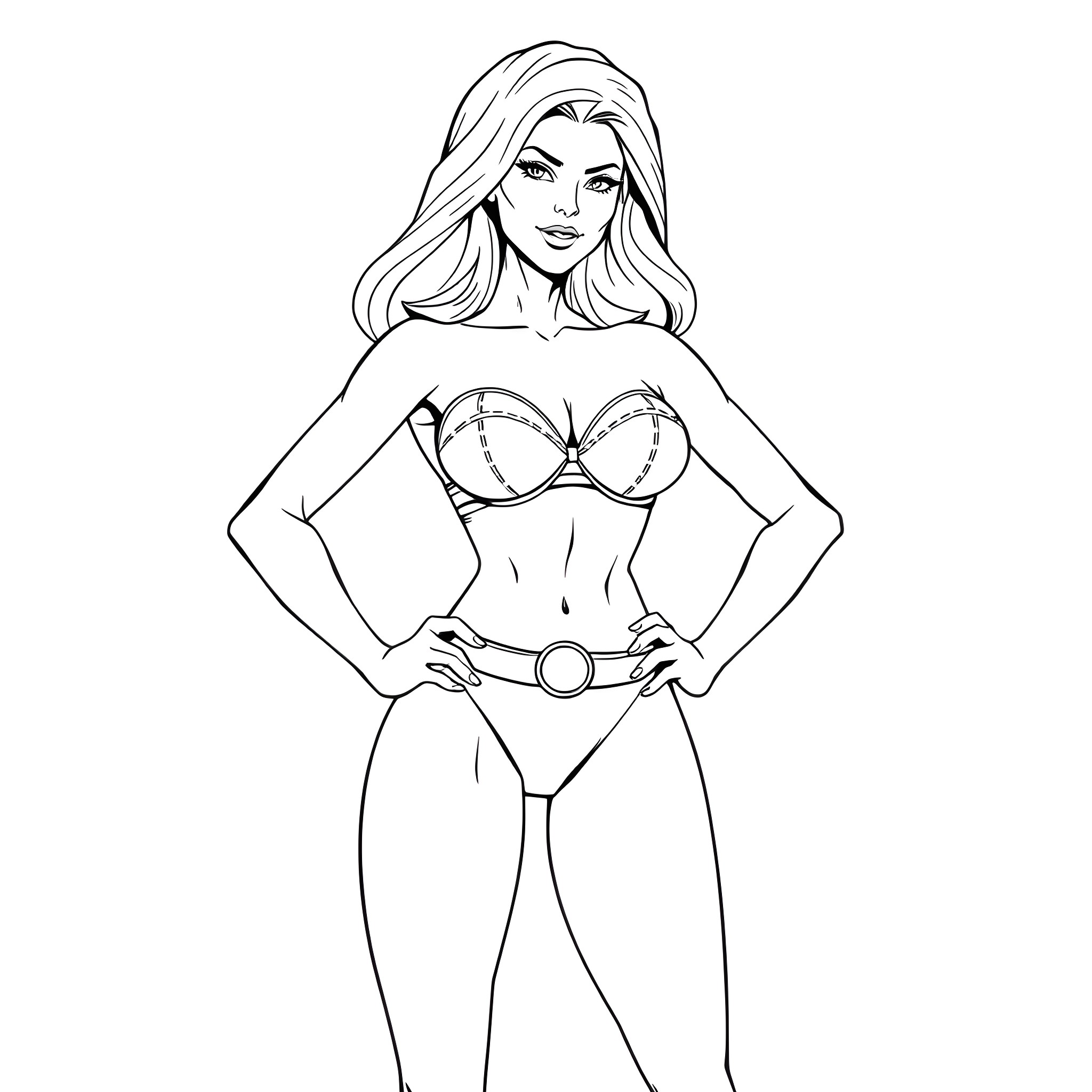 Powergirl in heroic pose with confident expression Coloring Page (free black-and-white line drawing printable PDF for all, from beginners to advanced learners, including children, teens, adults, and seniors)