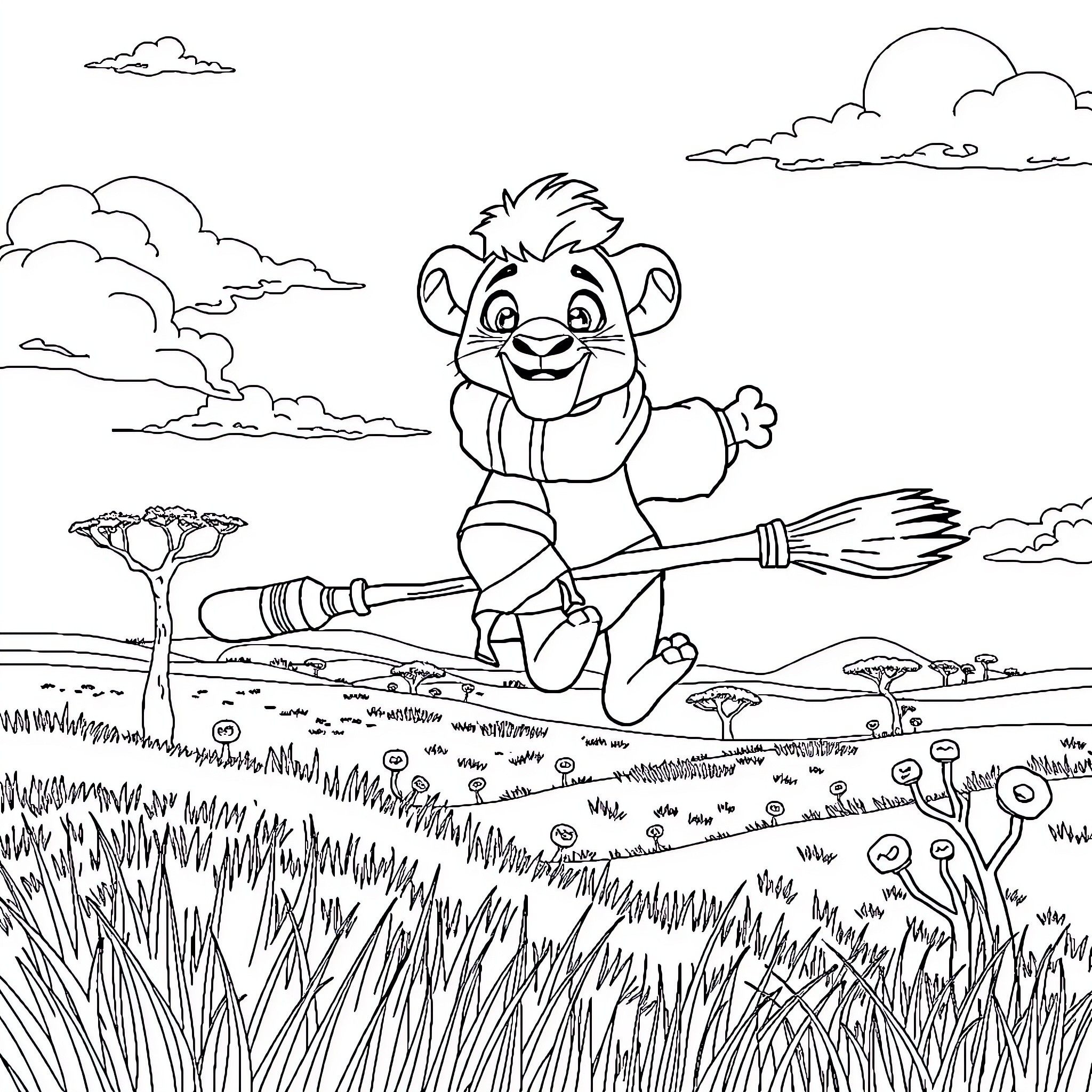 Simba on a flying broomstick in the African savanna Coloring Page (free black-and-white line drawing printable PDF for all, from beginners to advanced learners, including children, teens, adults, and seniors)