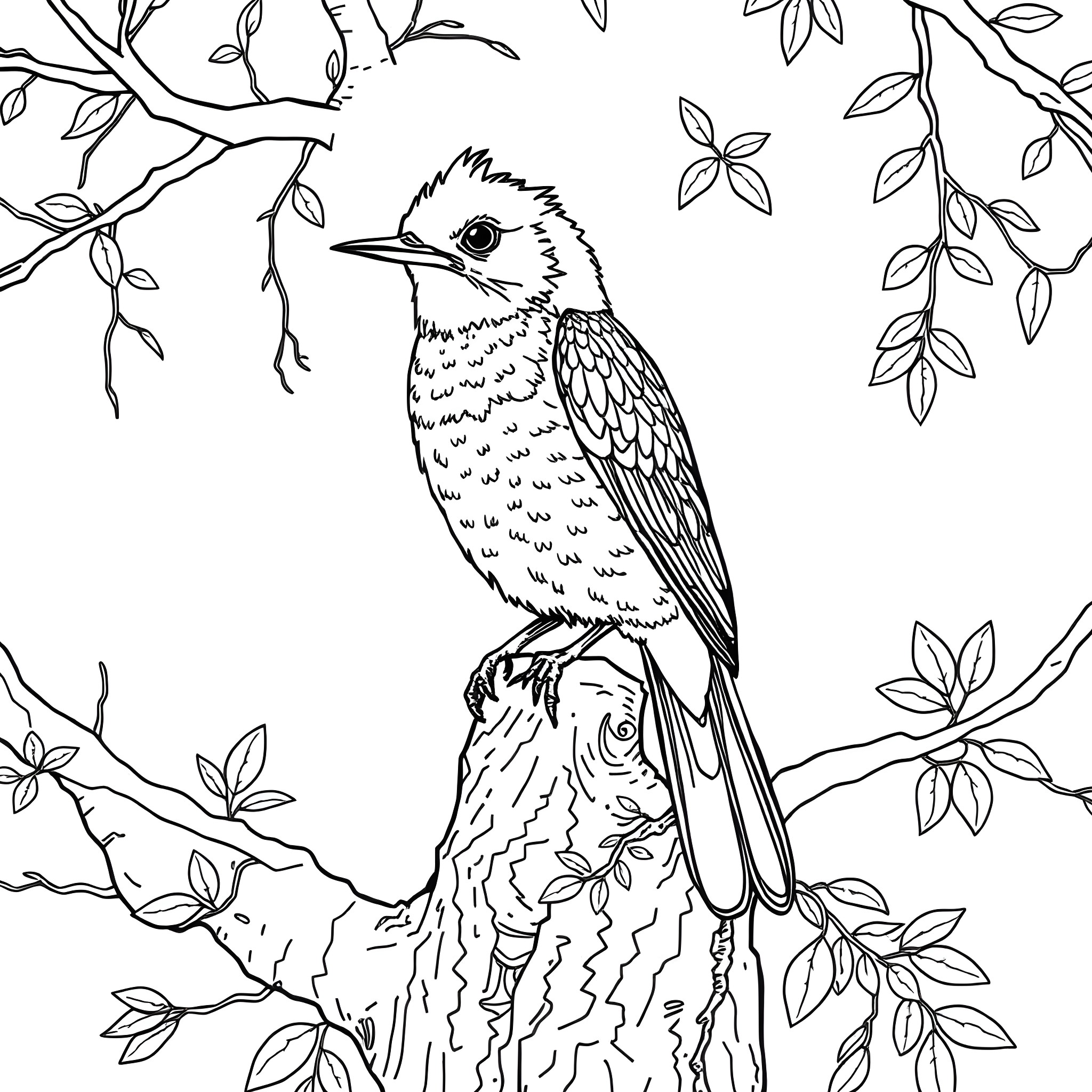 Passerina bird perching on branch with foliage Coloring Page (free black-and-white line drawing printable PDF for all, from beginners to advanced learners, including children, teens, adults, and seniors)