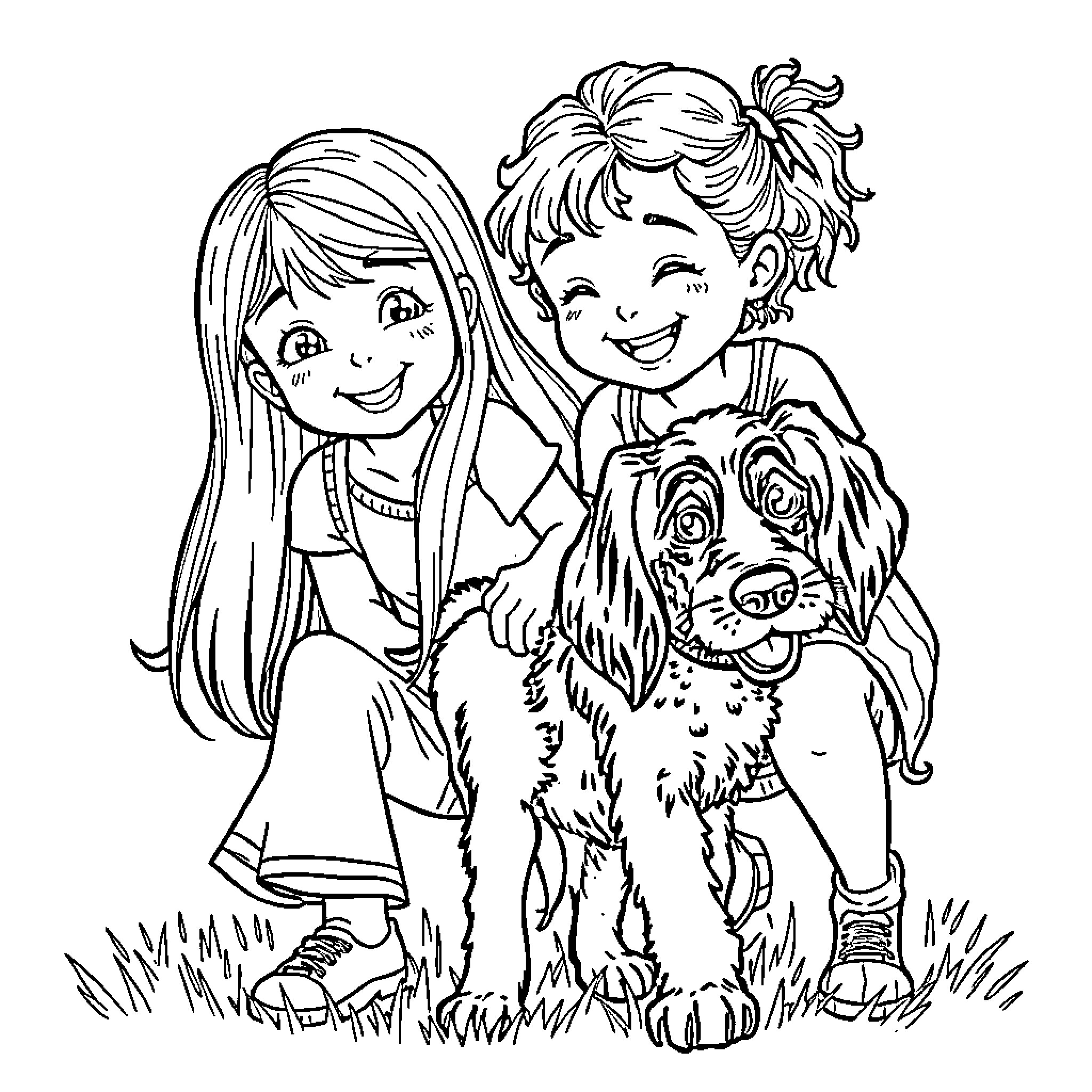 Girl and boy playing with their dog outdoors Coloring Page (free black-and-white line drawing printable PDF for all, from beginners to advanced learners, including children, teens, adults, and seniors)