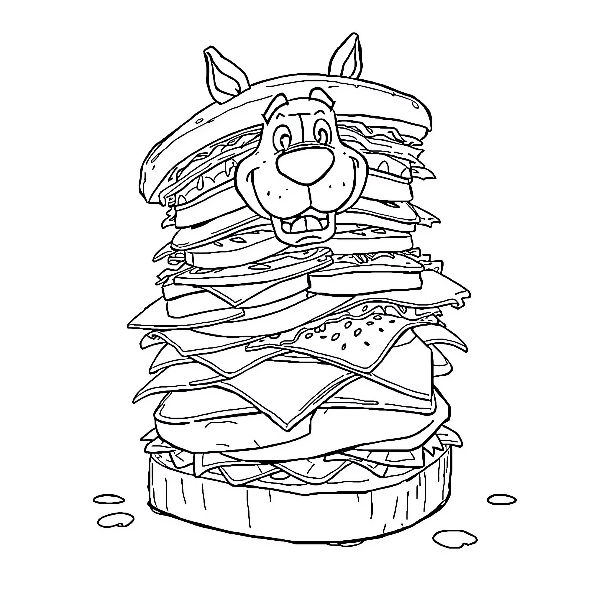 Scooby Doo's Sandwich Stacking Adventure Coloring Page (free black-and-white line drawing printable PDF for all, from beginners to advanced learners, including children, teens, adults, and seniors)