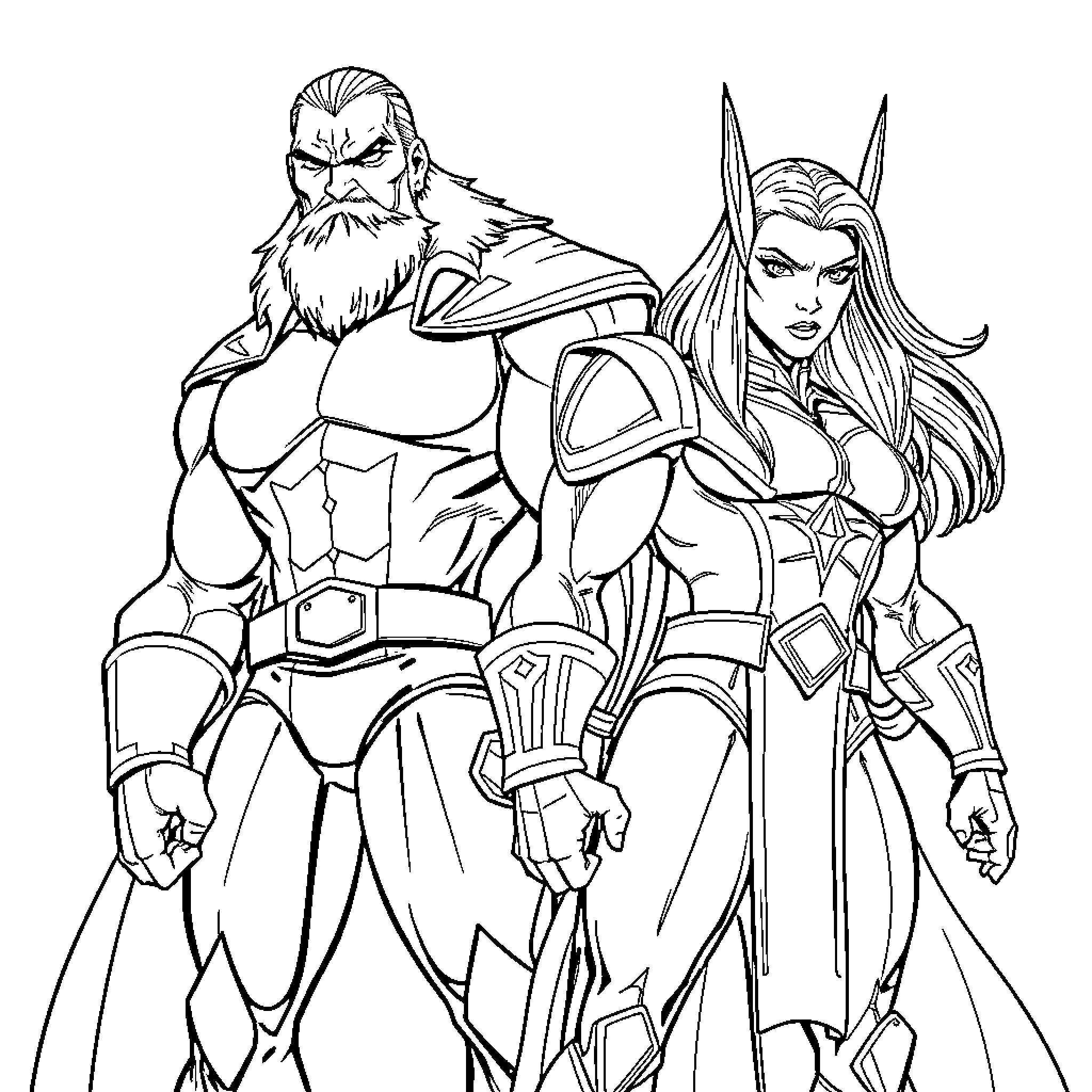 Vandal Savage and a Powerful Female Warrior Coloring Page (free black-and-white line drawing printable PDF for all, from beginners to advanced learners, including children, teens, adults, and seniors)