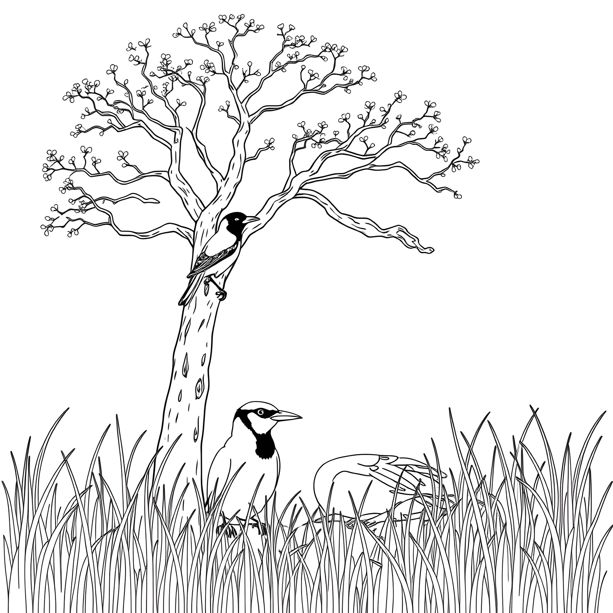 Magpie Jay Perched on a Leafy Tree Coloring Page (free black-and-white line drawing printable PDF for all, from beginners to advanced learners, including children, teens, adults, and seniors)