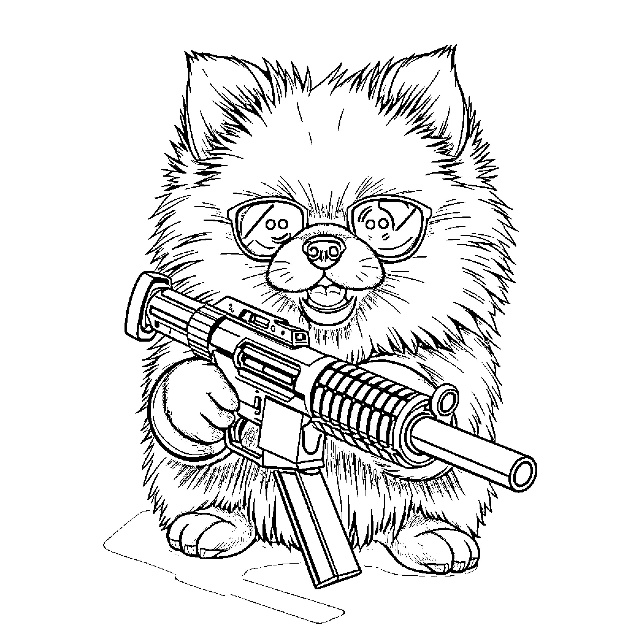 Pomeranian wielding a rifle with determination Coloring Page (free black-and-white line drawing printable PDF for all, from beginners to advanced learners, including children, teens, adults, and seniors)