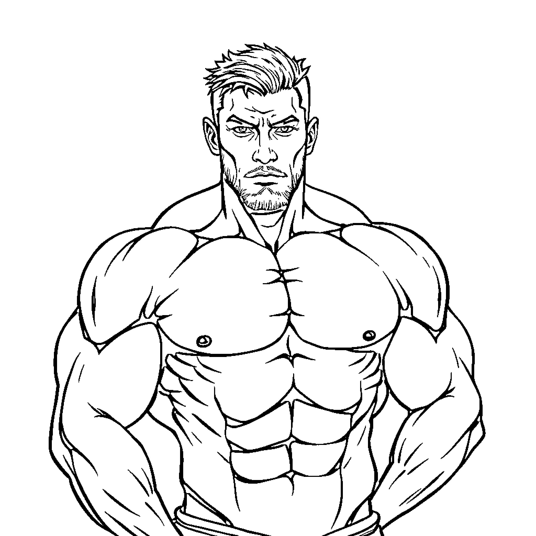 Man with muscular physique and intense expression Coloring Page (free black-and-white line drawing printable PDF for all, from beginners to advanced learners, including children, teens, adults, and seniors)