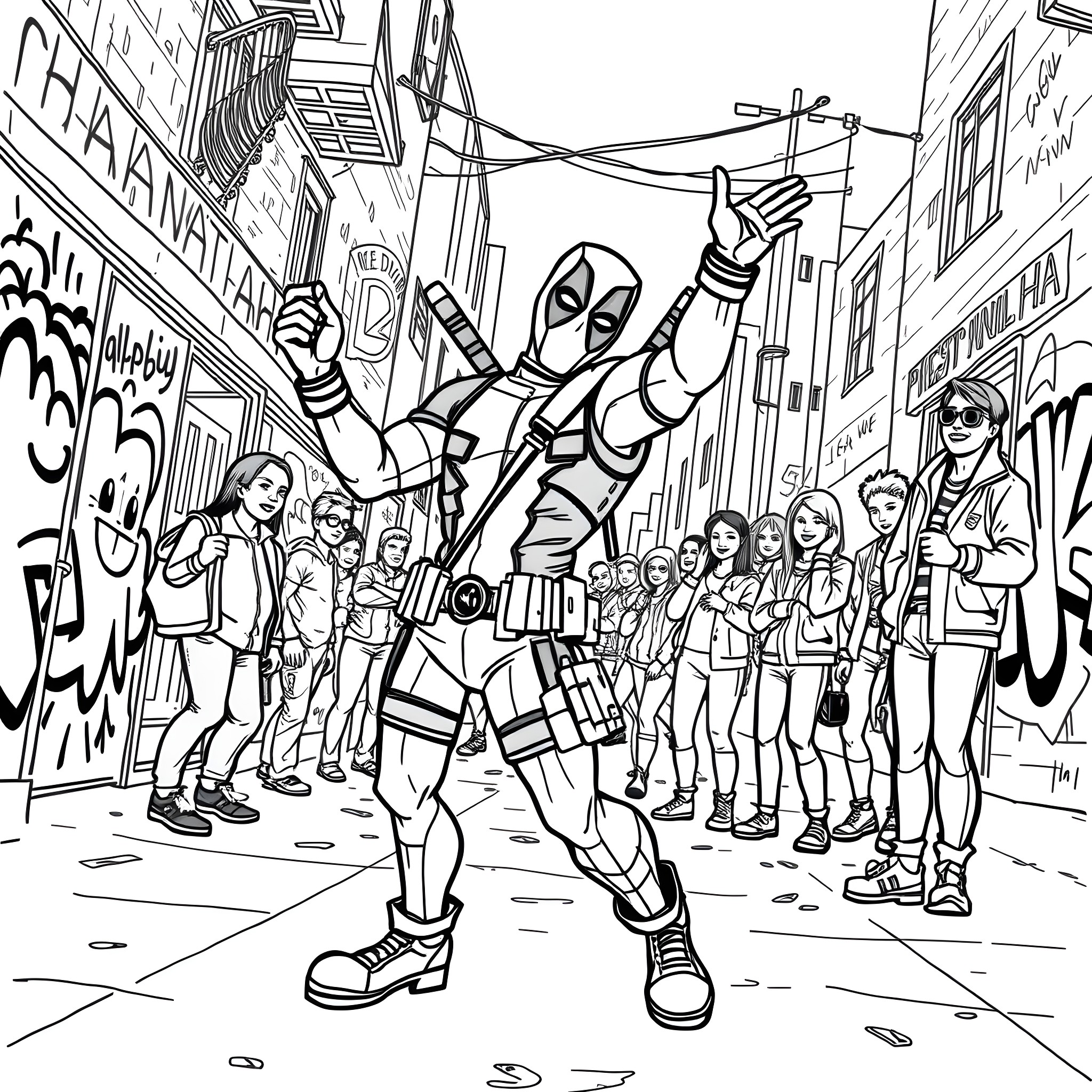 Deadpool's Lively Street Performance Coloring Page (free black-and-white line drawing printable PDF for all, from beginners to advanced learners, including children, teens, adults, and seniors)