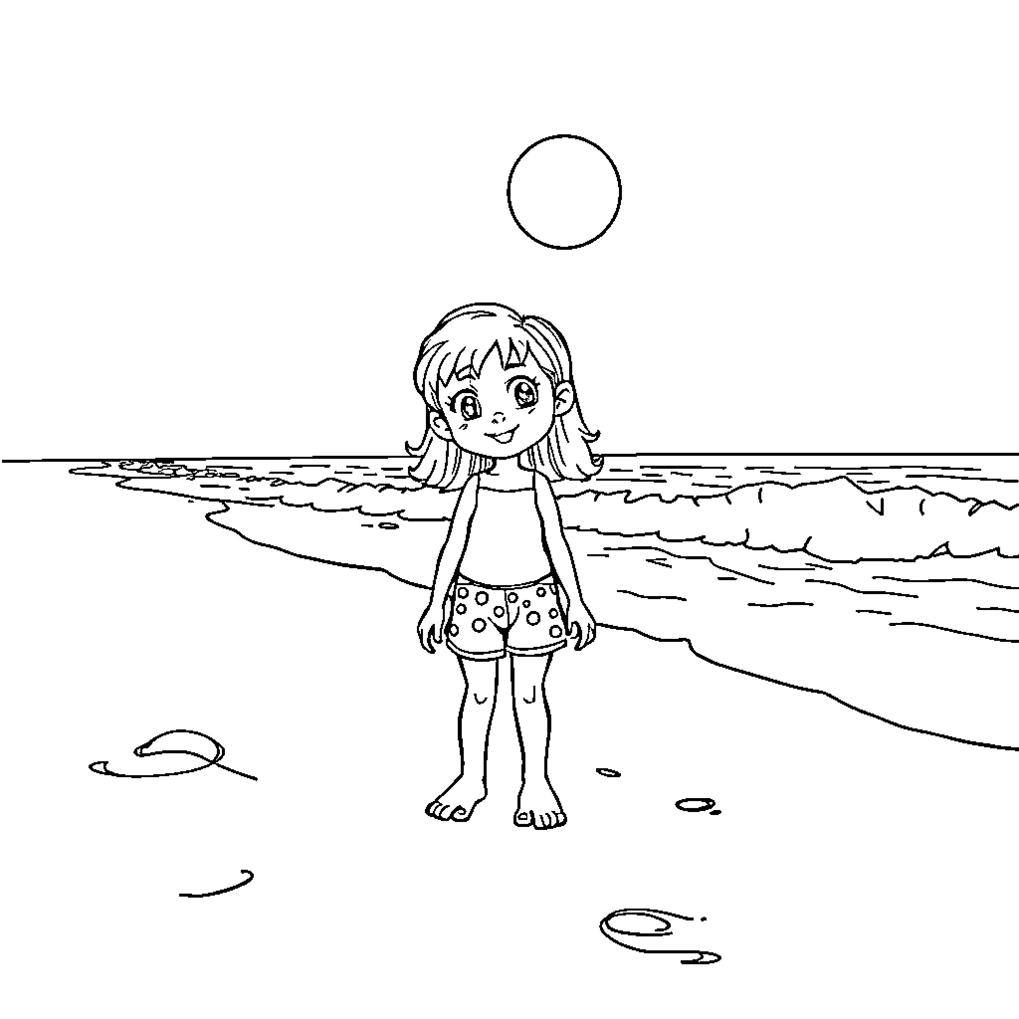 Gaby enjoys the beach on a sunny day Coloring Page (free black-and-white line drawing printable PDF for all, from beginners to advanced learners, including children, teens, adults, and seniors)