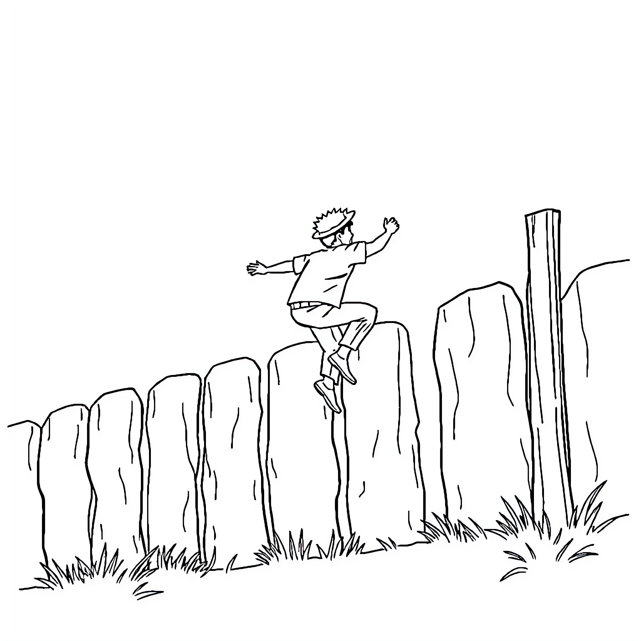 Mexican man leaping over rocky terrain Coloring Page (free black-and-white line drawing printable PDF for all, from beginners to advanced learners, including children, teens, adults, and seniors)