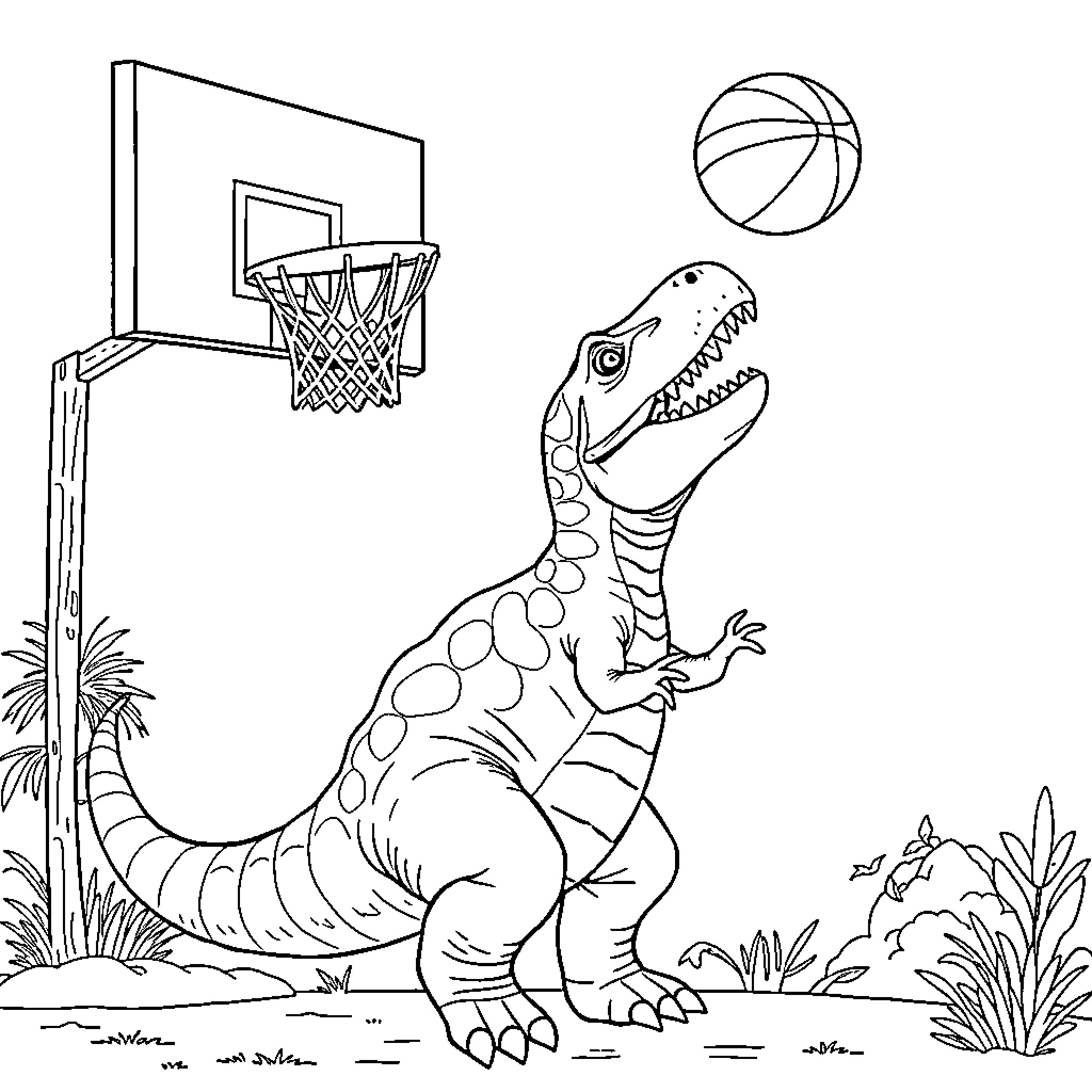 Dinosaur playing basketball in the jungle Coloring Page (free black-and-white line drawing printable PDF for all, from beginners to advanced learners, including children, teens, adults, and seniors)