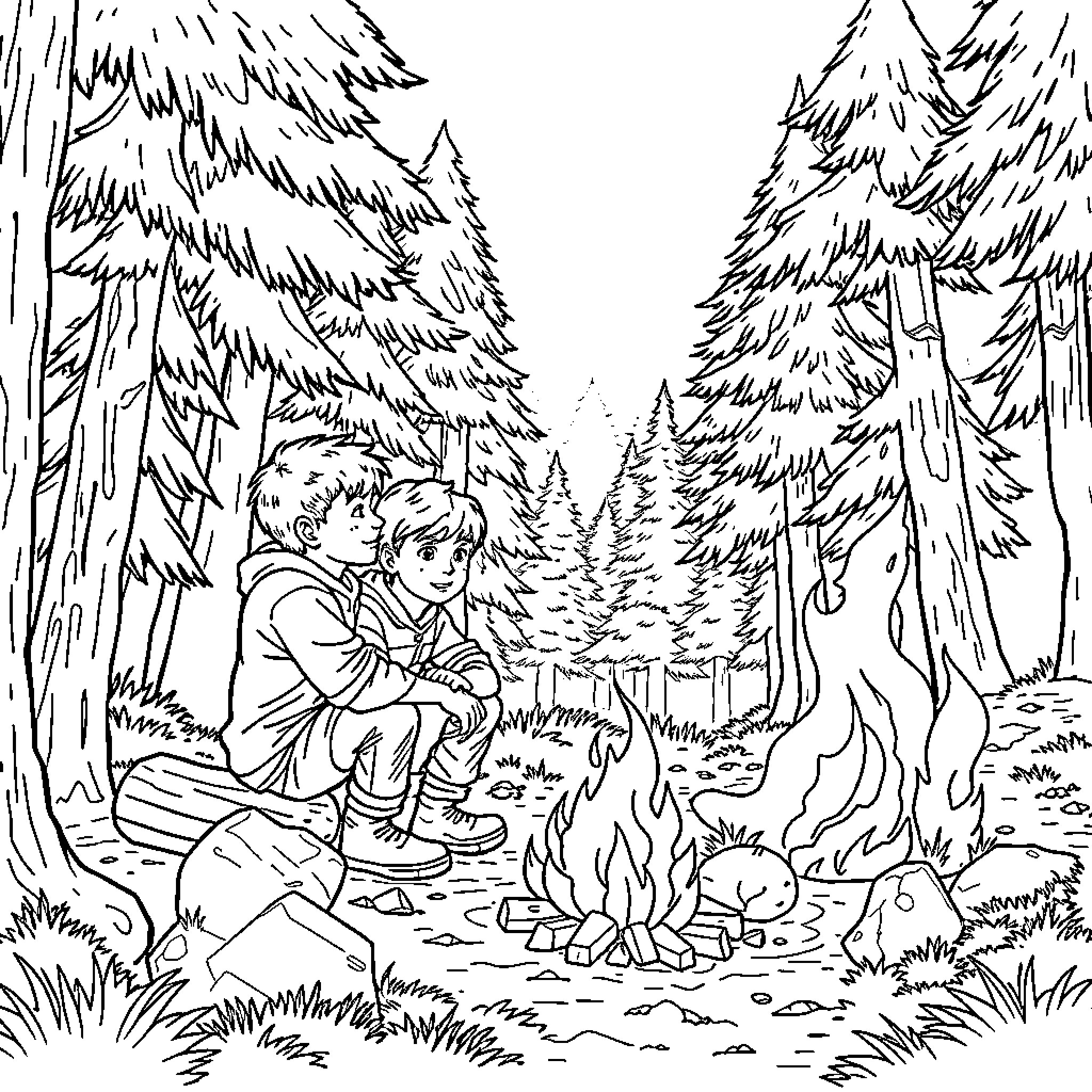 Brothers explore the wintry forest together Coloring Page (free black-and-white line drawing printable PDF for all, from beginners to advanced learners, including children, teens, adults, and seniors)