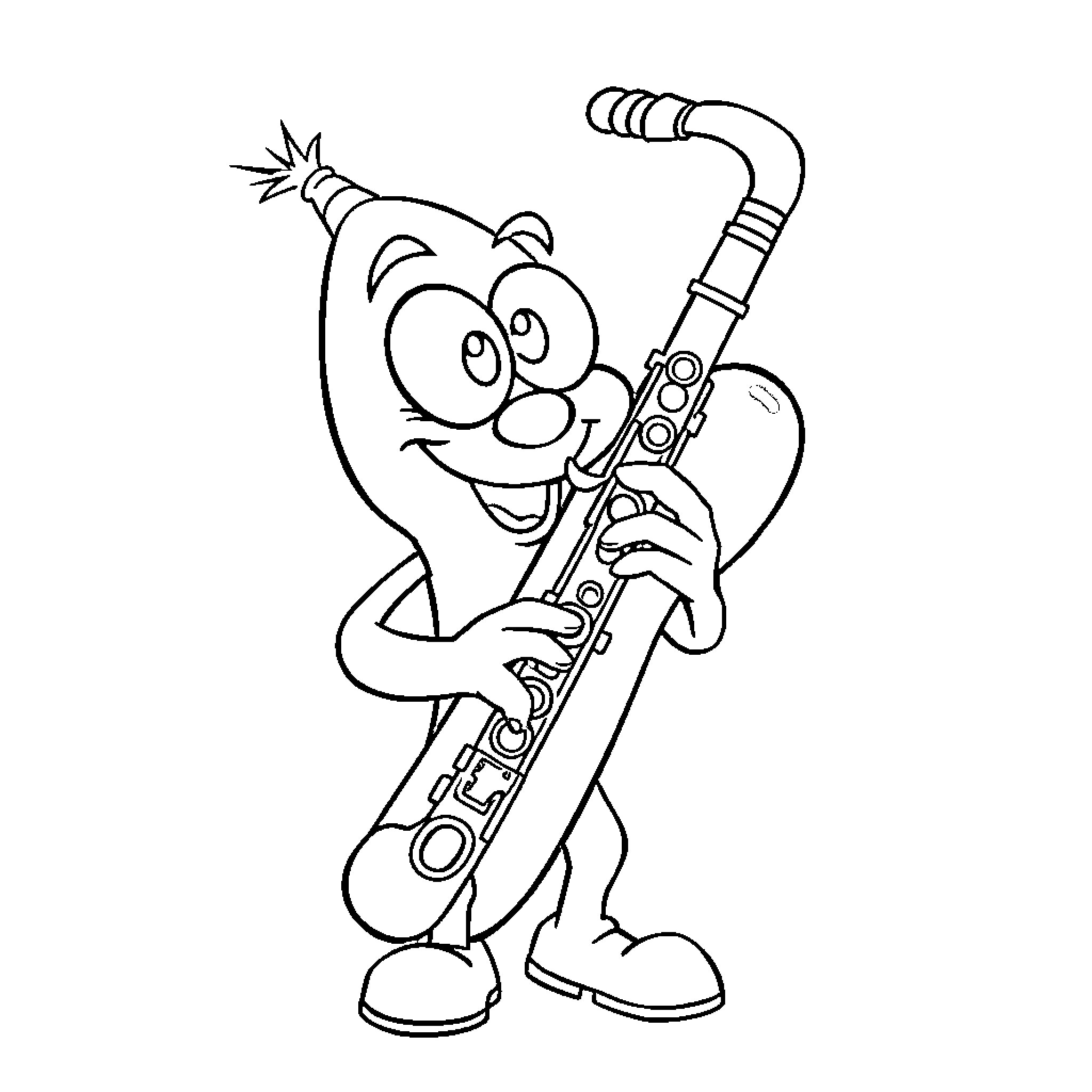 Bass Clarinet player performing with enthusiasm Coloring Page (free black-and-white line drawing printable PDF for all, from beginners to advanced learners, including children, teens, adults, and seniors)