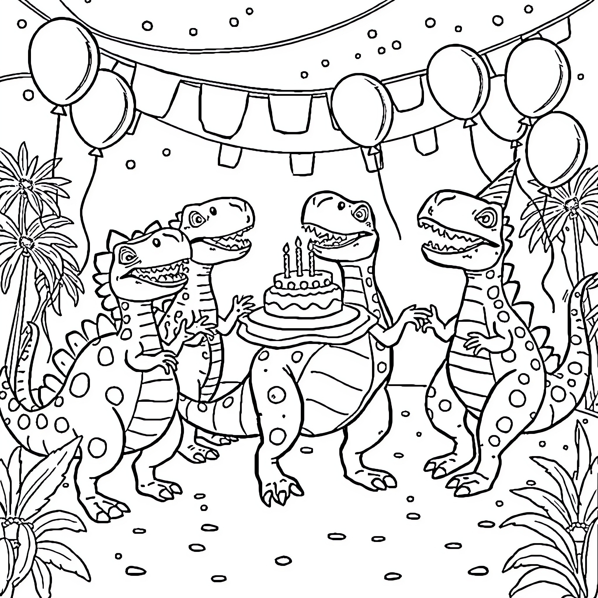 Dinosaurs celebrating birthday party with balloons Coloring Page (free black-and-white line drawing printable PDF for all, from beginners to advanced learners, including children, teens, adults, and seniors)