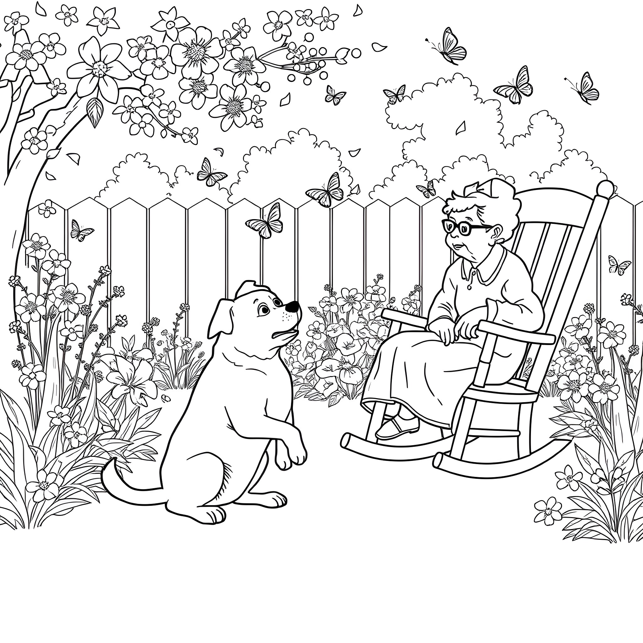 Dog resting with owner in blooming garden Coloring Page (free black-and-white line drawing printable PDF for all, from beginners to advanced learners, including children, teens, adults, and seniors)
