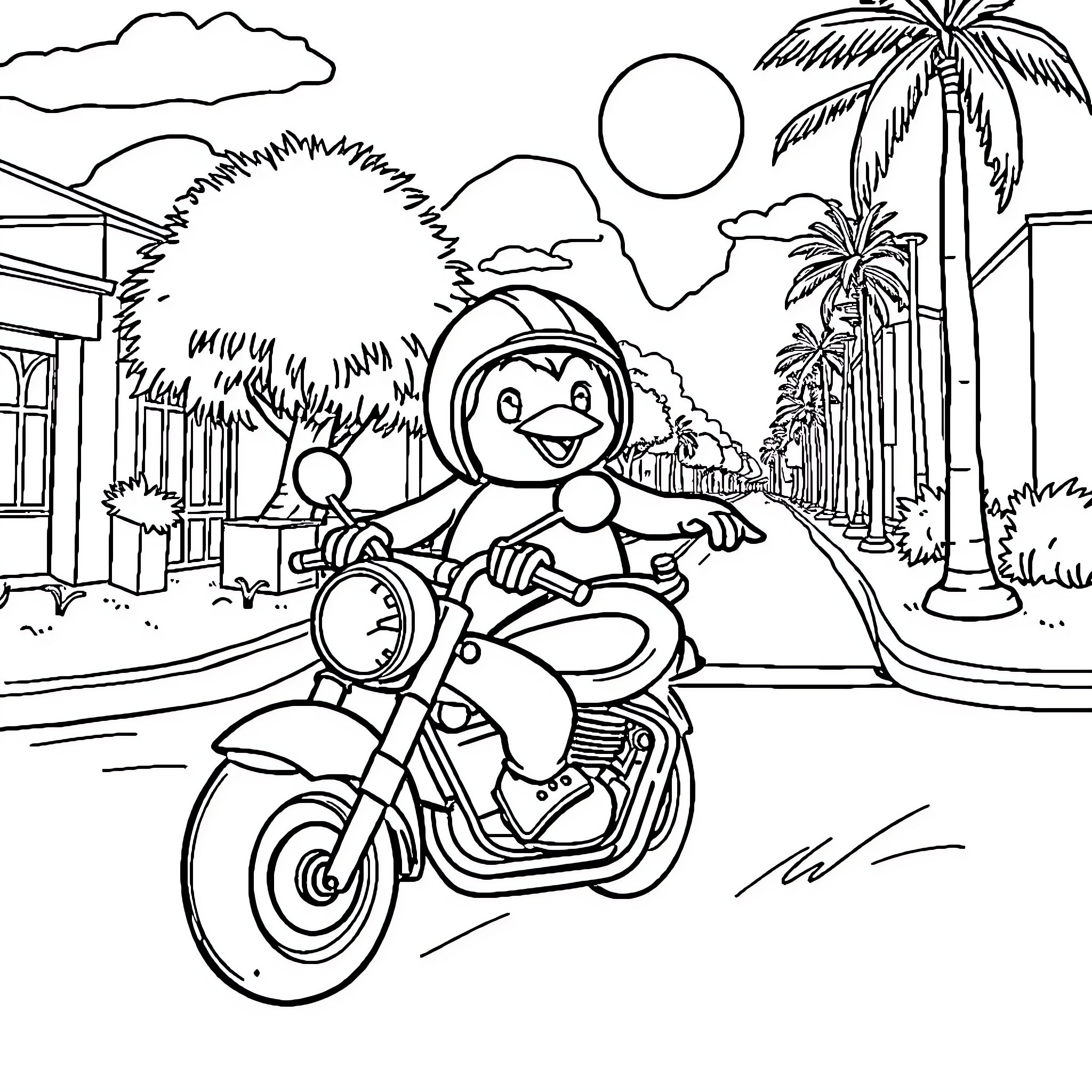 Penguin enjoying a tropical motorcycle ride Coloring Page (free black-and-white line drawing printable PDF for all, from beginners to advanced learners, including children, teens, adults, and seniors)