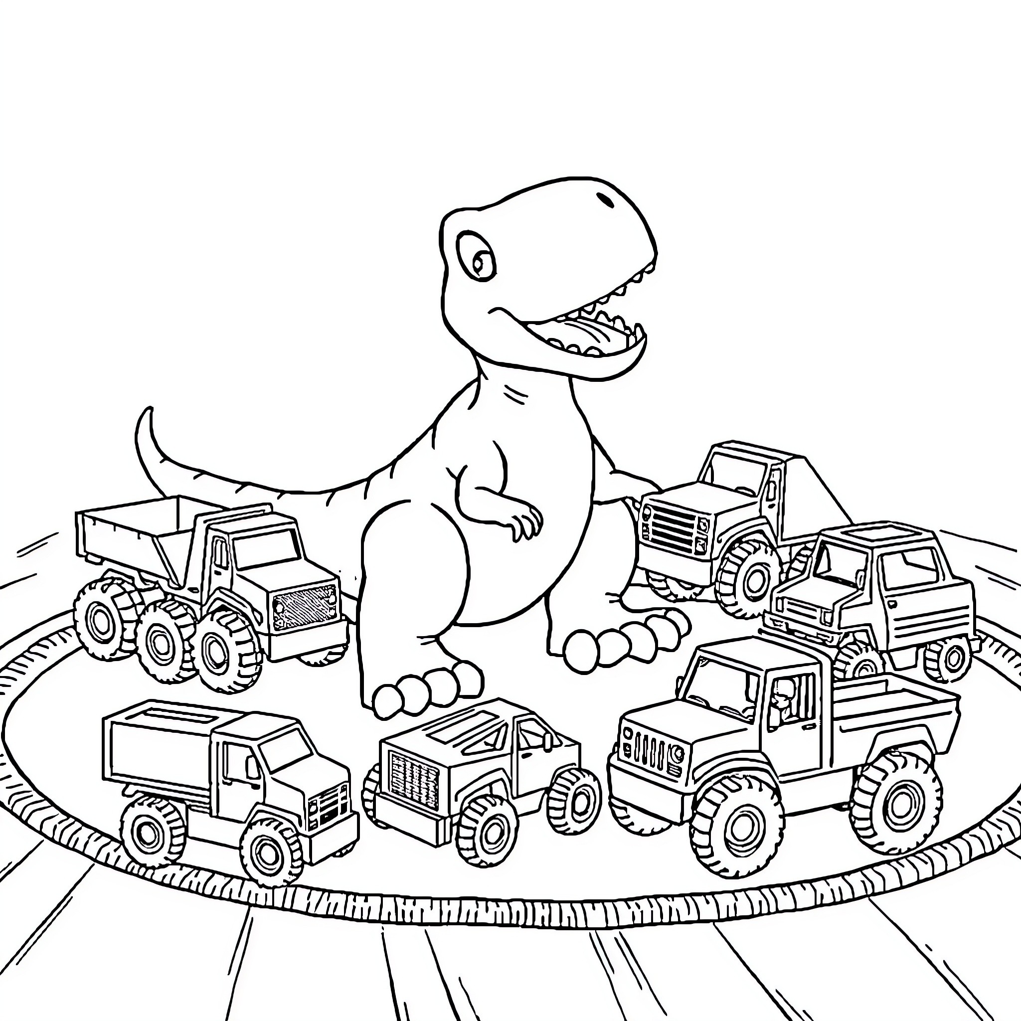 Dino stomping on toy construction vehicles Coloring Page (free black-and-white line drawing printable PDF for all, from beginners to advanced learners, including children, teens, adults, and seniors)