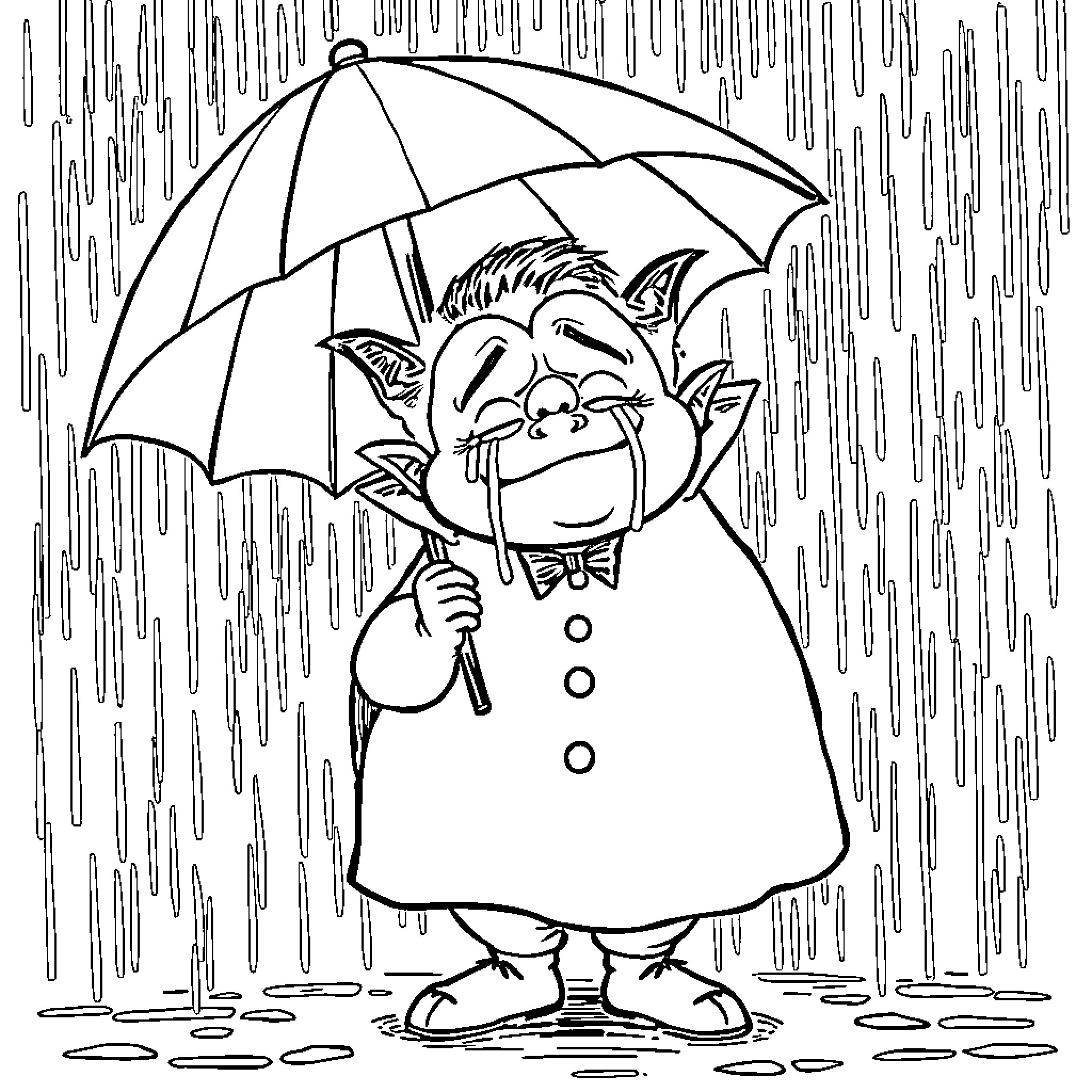 Vampire Troll Enjoying a Rainy Day Coloring Page (free black-and-white line drawing printable PDF for all, from beginners to advanced learners, including children, teens, adults, and seniors)