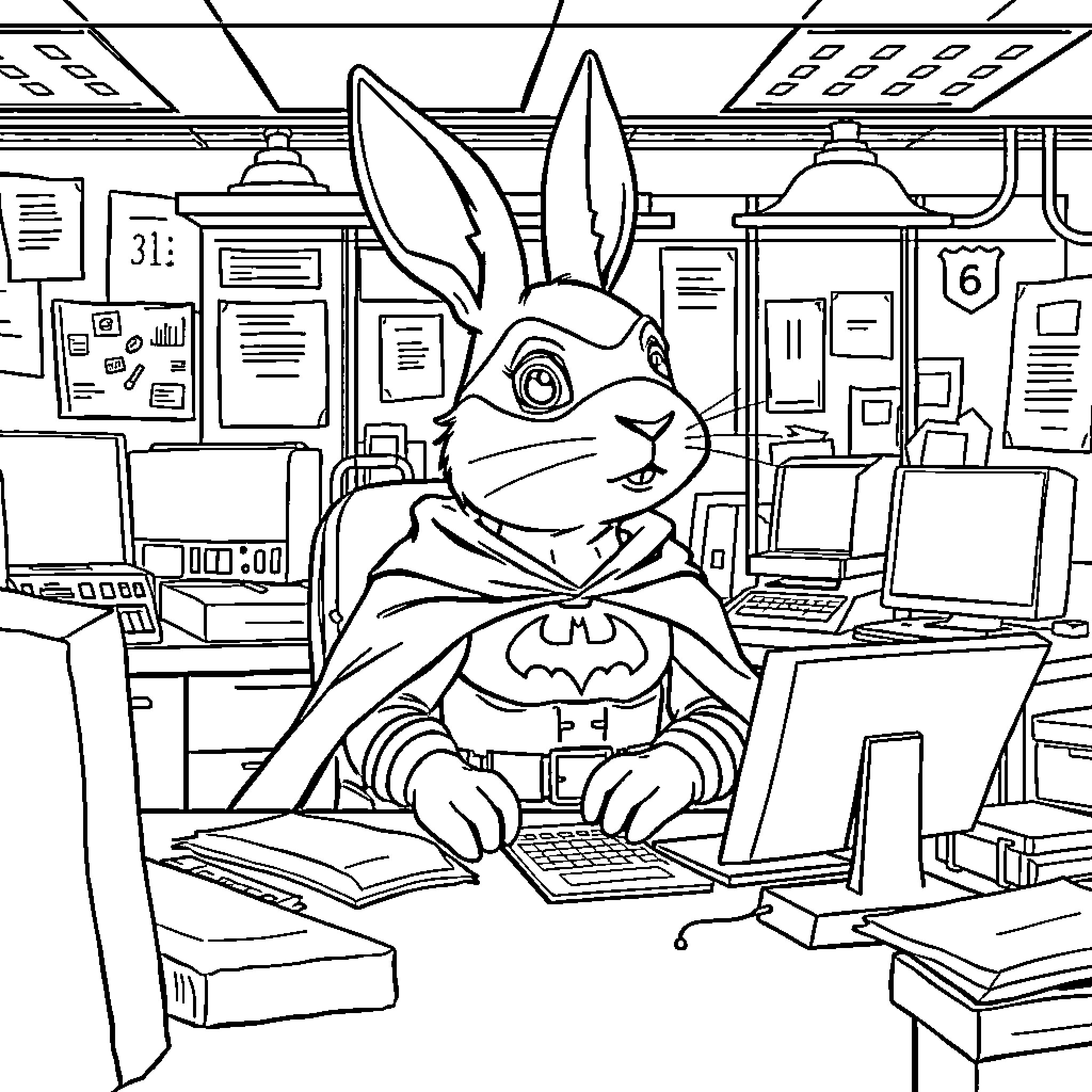 Rabbit superhero working in the office Coloring Page (free black-and-white line drawing printable PDF for all, from beginners to advanced learners, including children, teens, adults, and seniors)