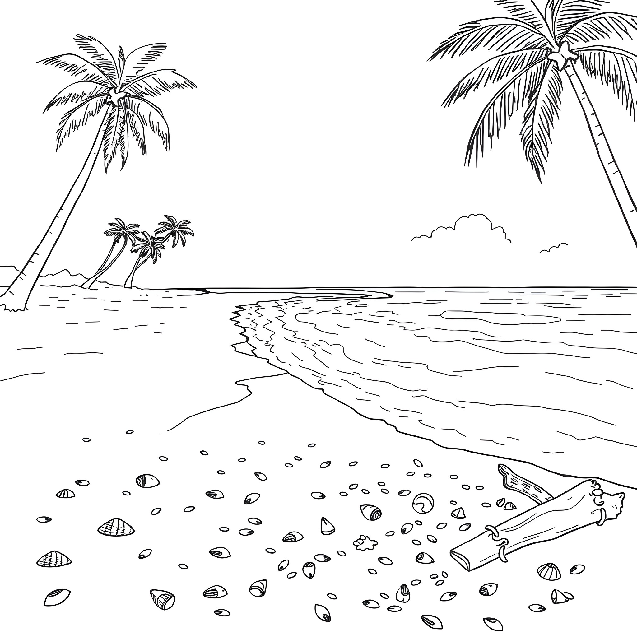 Ash's Tropical Beach Paradise Coloring Page (free black-and-white line drawing printable PDF for all, from beginners to advanced learners, including children, teens, adults, and seniors)