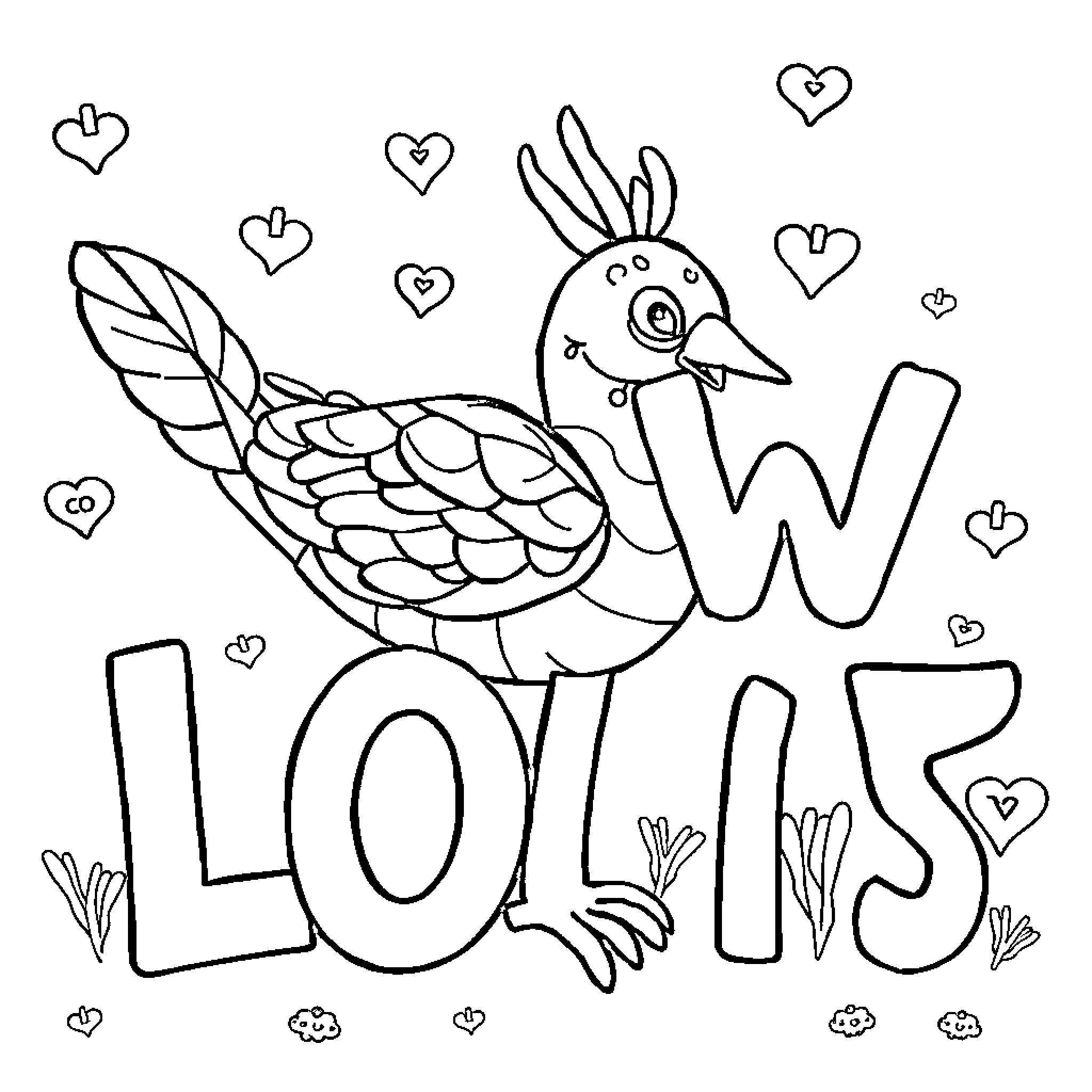 Caligraphy of a Whimsical Bird with Hearts Coloring Page (free black-and-white line drawing printable PDF for all, from beginners to advanced learners, including children, teens, adults, and seniors)