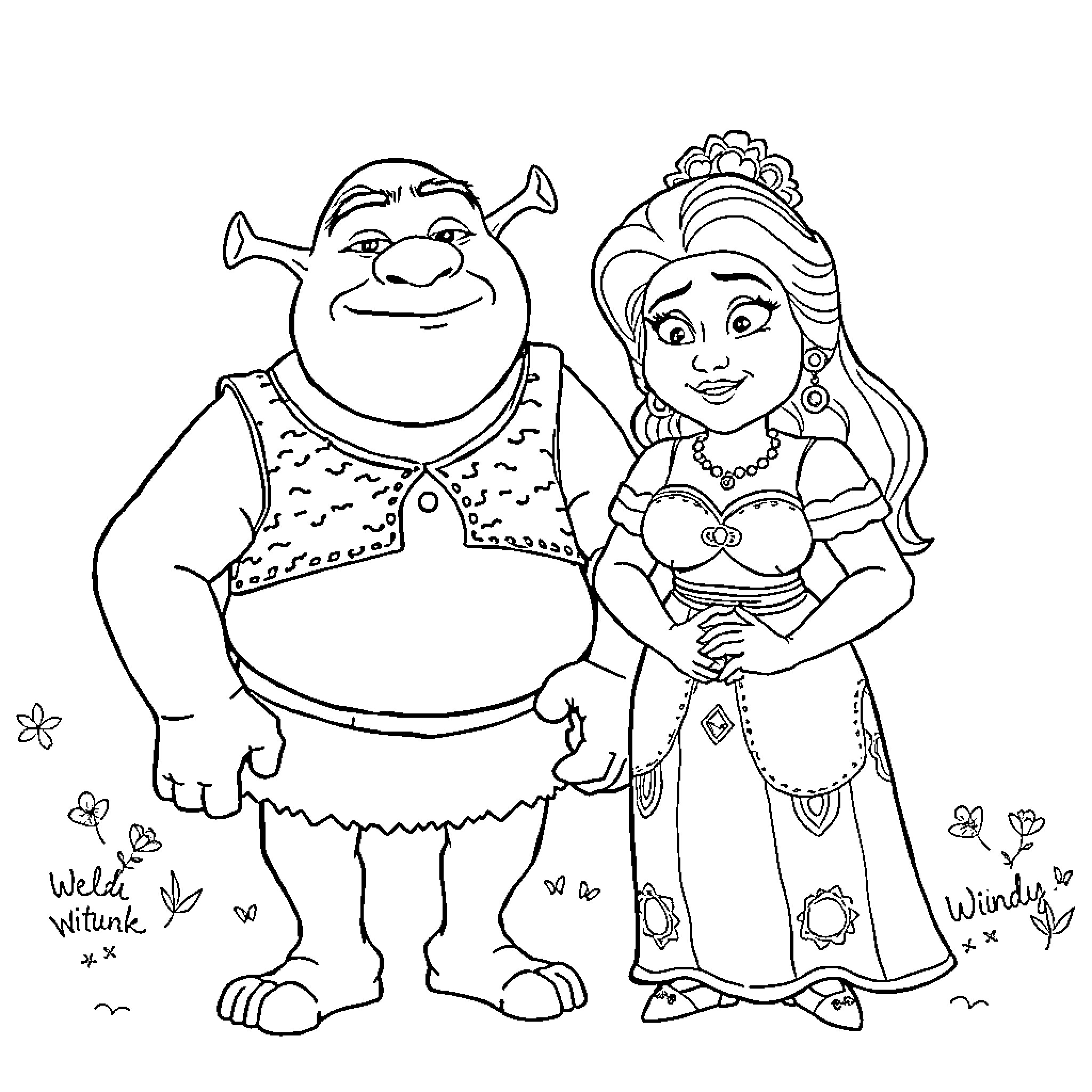 Shrek and Princess Fiona in a Joyful Embrace Coloring Page (free black-and-white line drawing printable PDF for all, from beginners to advanced learners, including children, teens, adults, and seniors)
