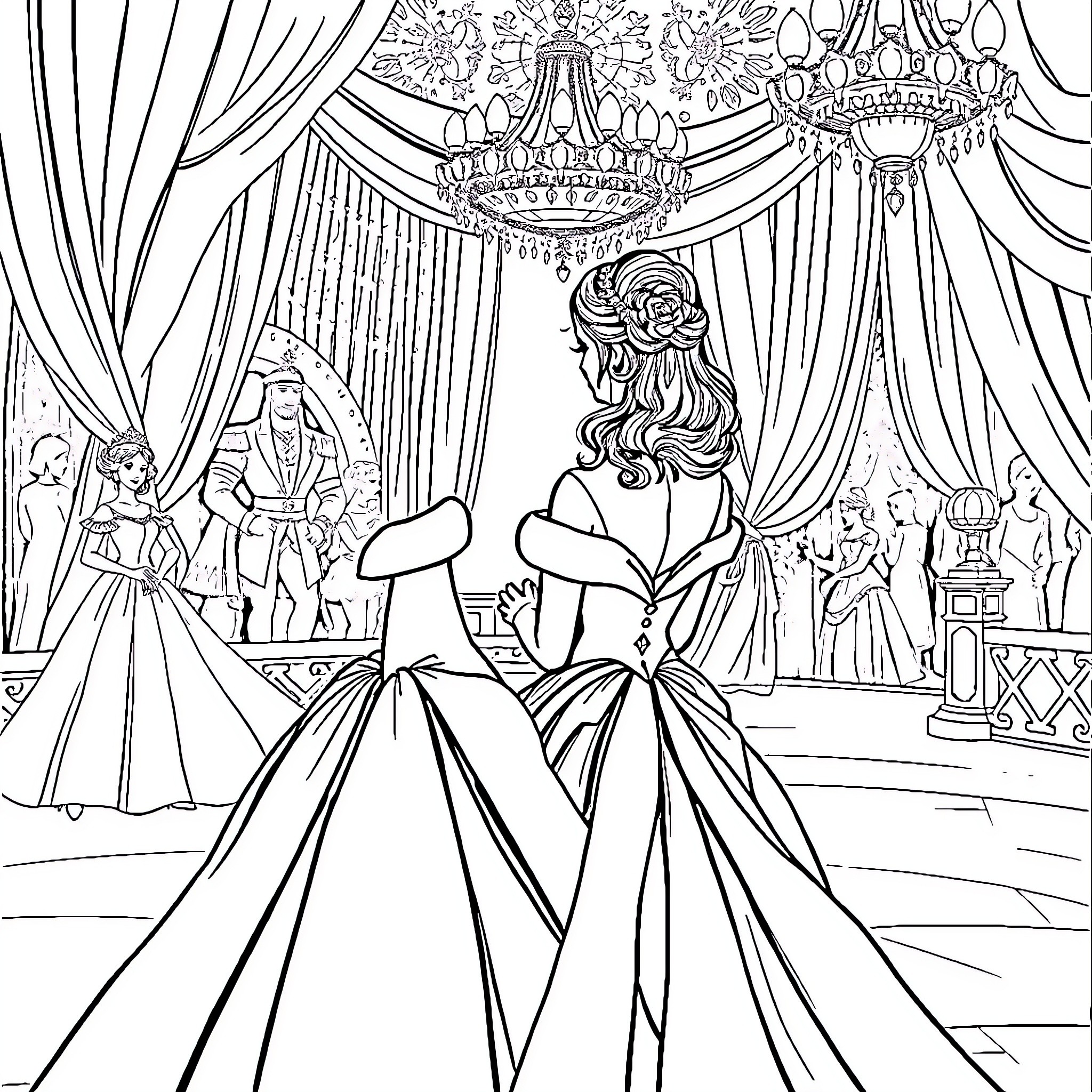 Princess enjoying a Royal Gala in the Palace Coloring Page (free black-and-white line drawing printable PDF for all, from beginners to advanced learners, including children, teens, adults, and seniors)