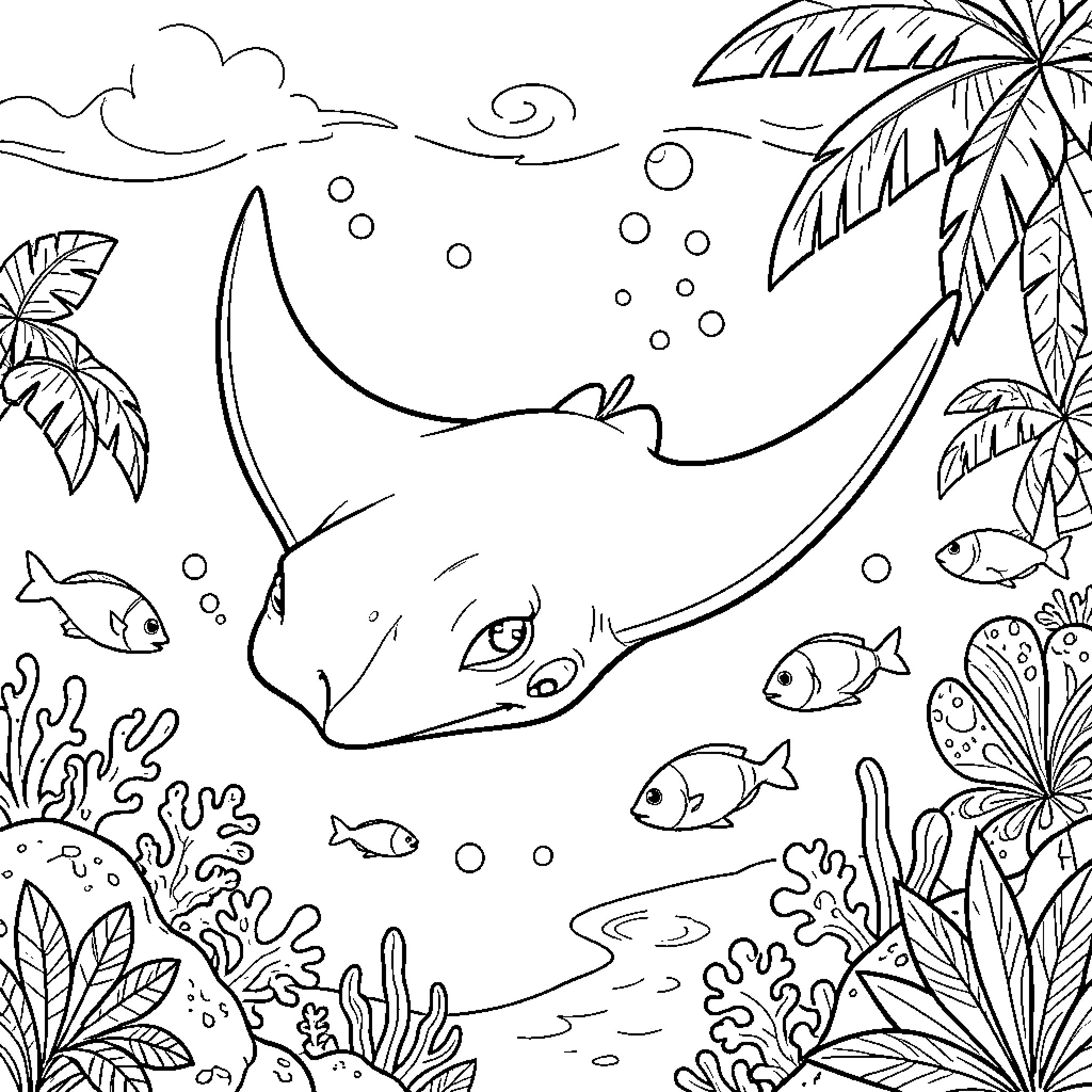 Manta Ray swimming through an underwater coral reef Coloring Page (free black-and-white line drawing printable PDF for all, from beginners to advanced learners, including children, teens, adults, and seniors)