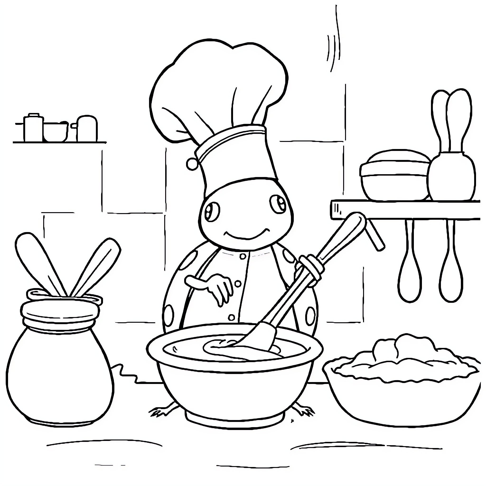 Ladybug chef preparing a tasty meal in the kitchen Coloring Page (free black-and-white line drawing printable PDF for all, from beginners to advanced learners, including children, teens, adults, and seniors)