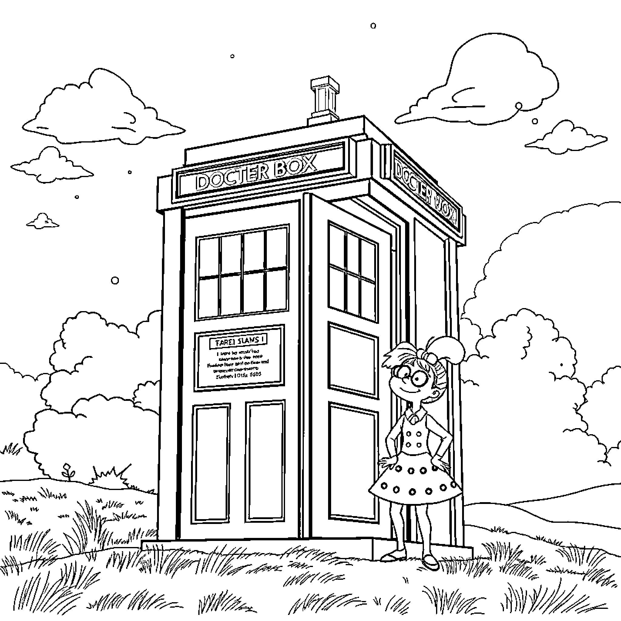 TARDIS and a curious person in the field Coloring Page (free black-and-white line drawing printable PDF for all, from beginners to advanced learners, including children, teens, adults, and seniors)