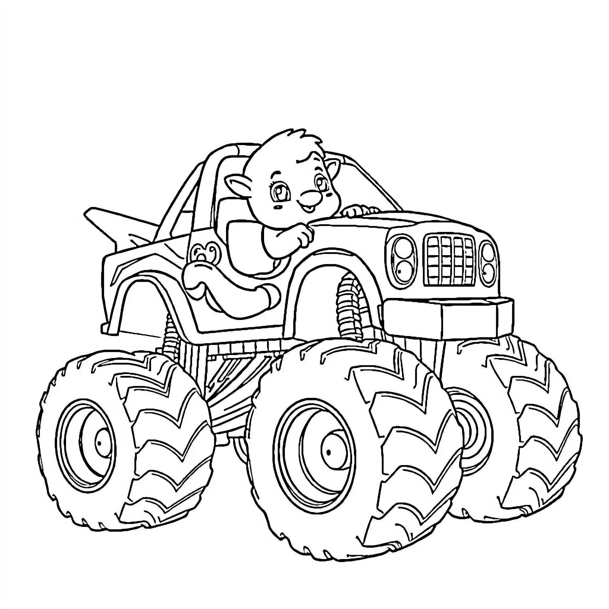 Labubu driving big monster truck happily Coloring Page (free black-and-white line drawing printable PDF for all, from beginners to advanced learners, including children, teens, adults, and seniors)