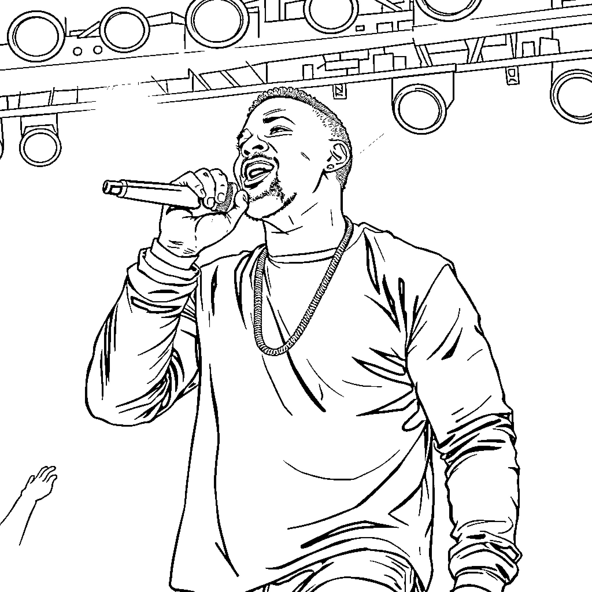 Chris Brown performing on stage with microphone Coloring Page (free black-and-white line drawing printable PDF for all, from beginners to advanced learners, including children, teens, adults, and seniors)