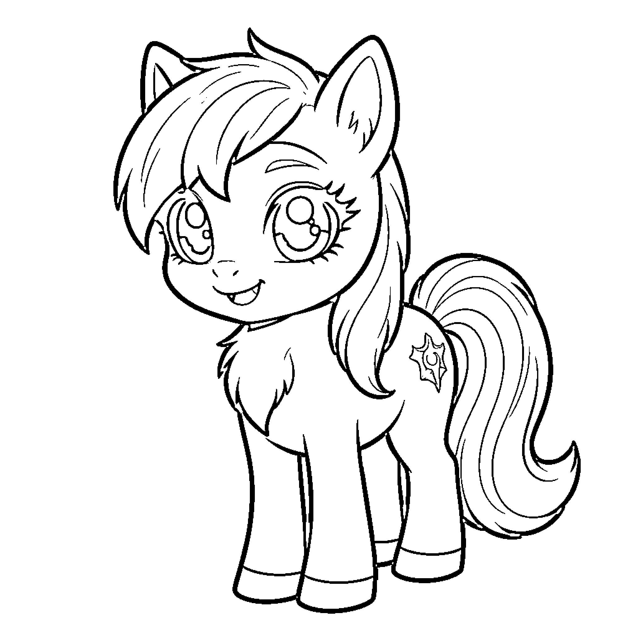 Yoni Poni smiling and ready for adventure Coloring Page (free black-and-white line drawing printable PDF for all, from beginners to advanced learners, including children, teens, adults, and seniors)